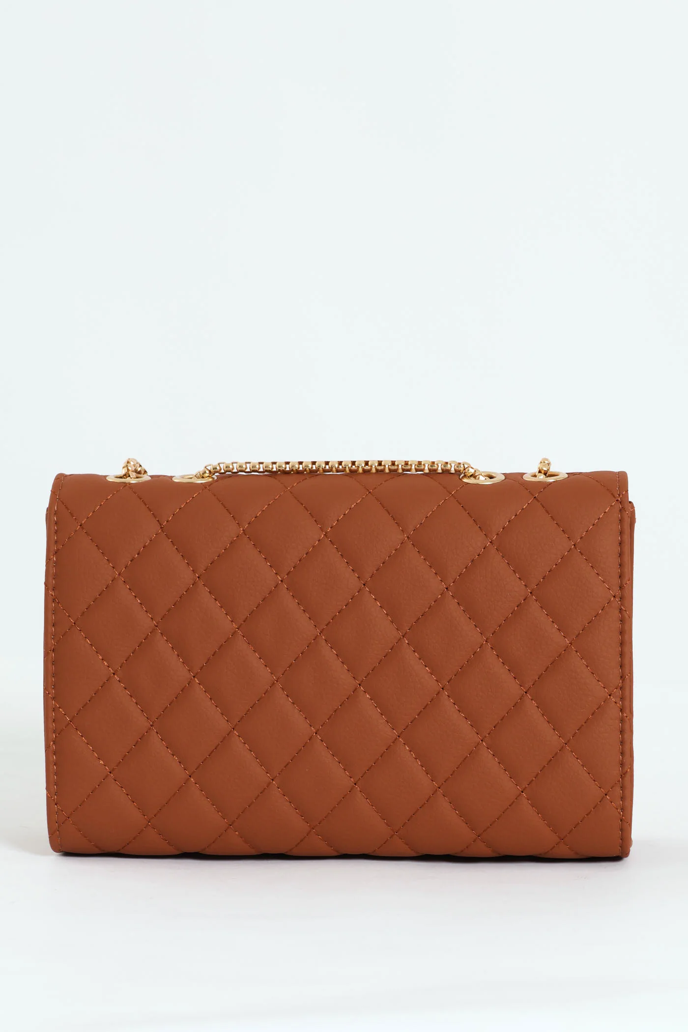 Diamond Quilted Chunky Chain Strap Satchel Bag - Tan - Image 5