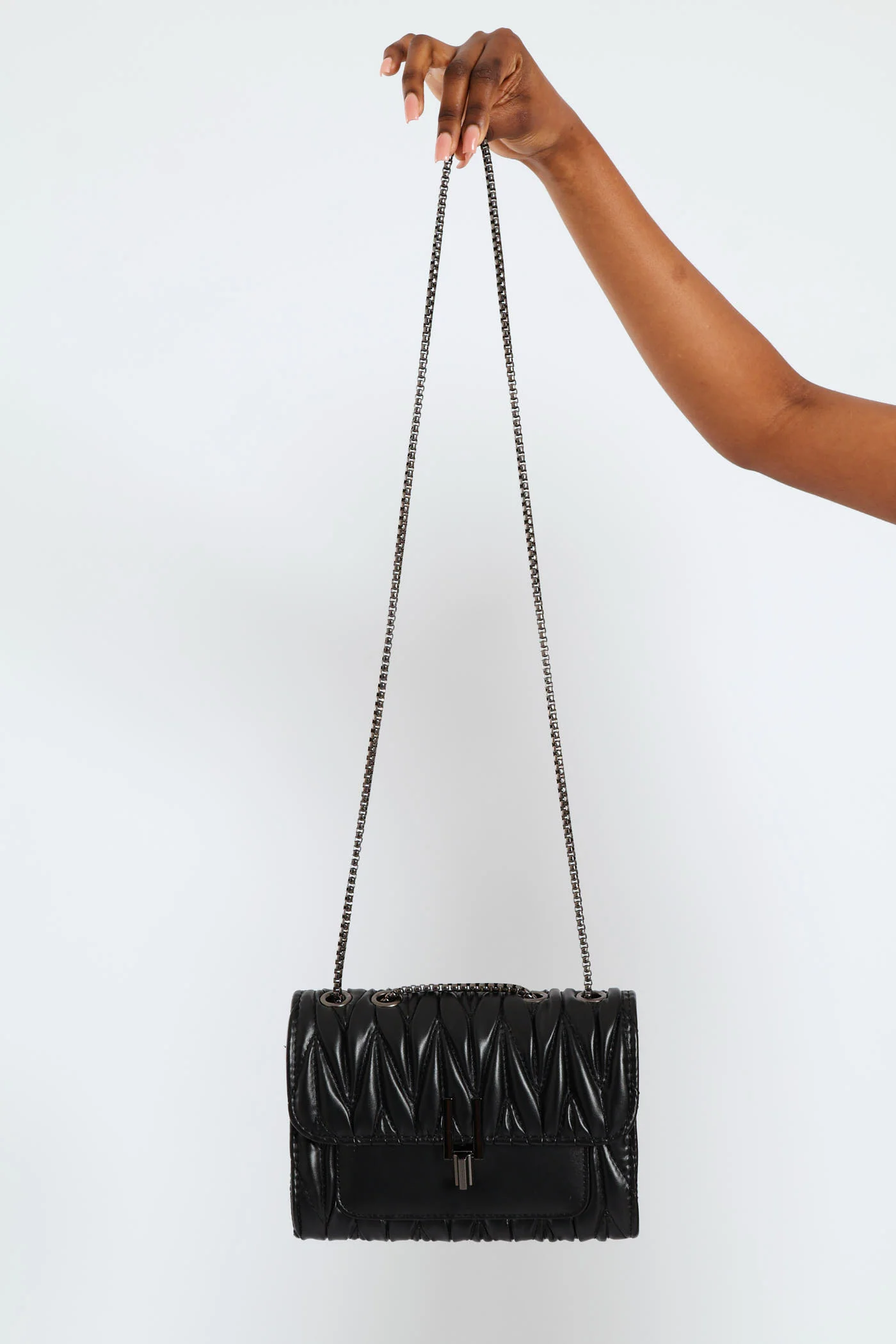 Diamond Quilted Metal Clasp Satchel Bag - Black - Image 4