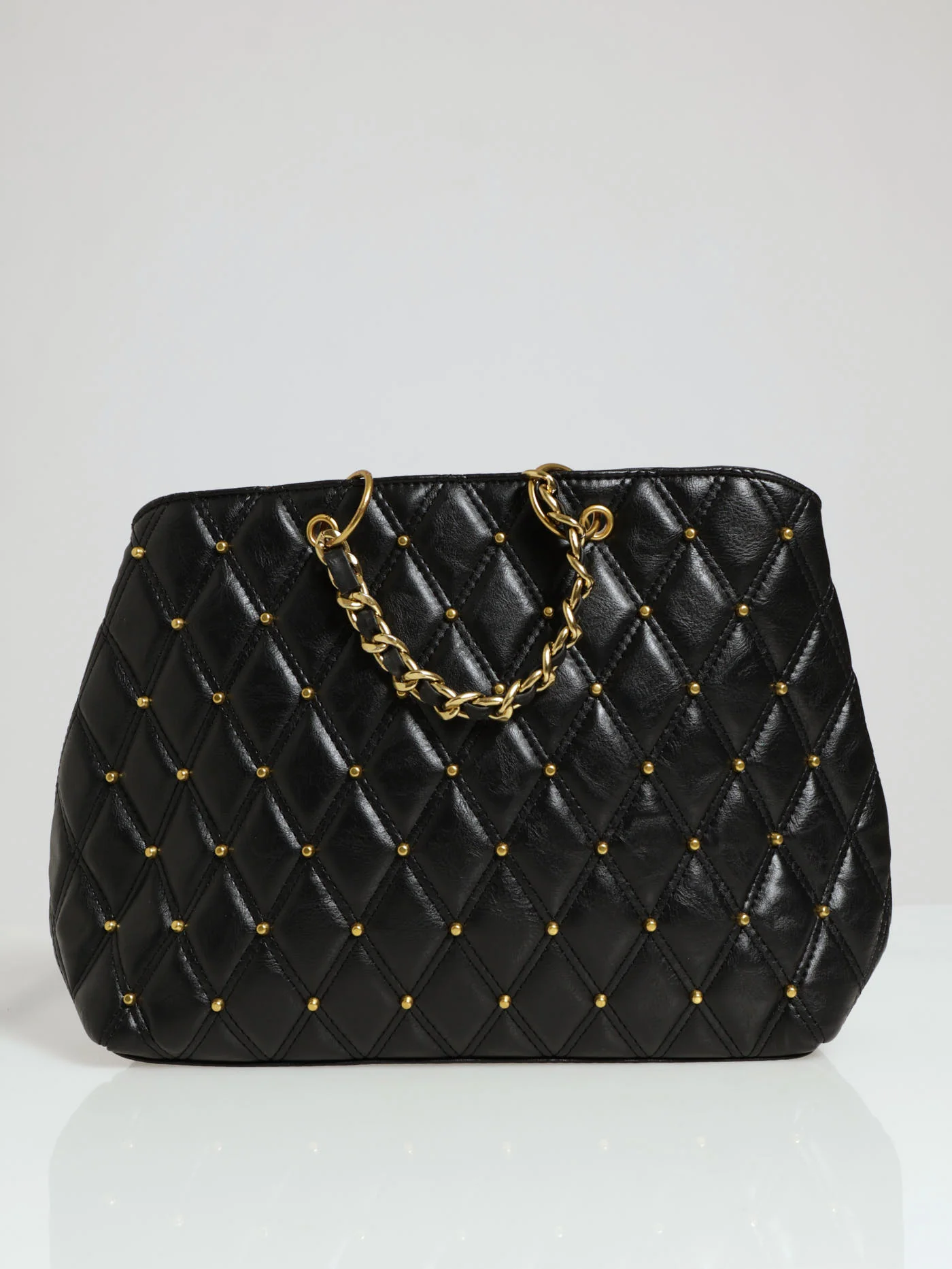 Diamond Quilted Stud Tote Bag - Black