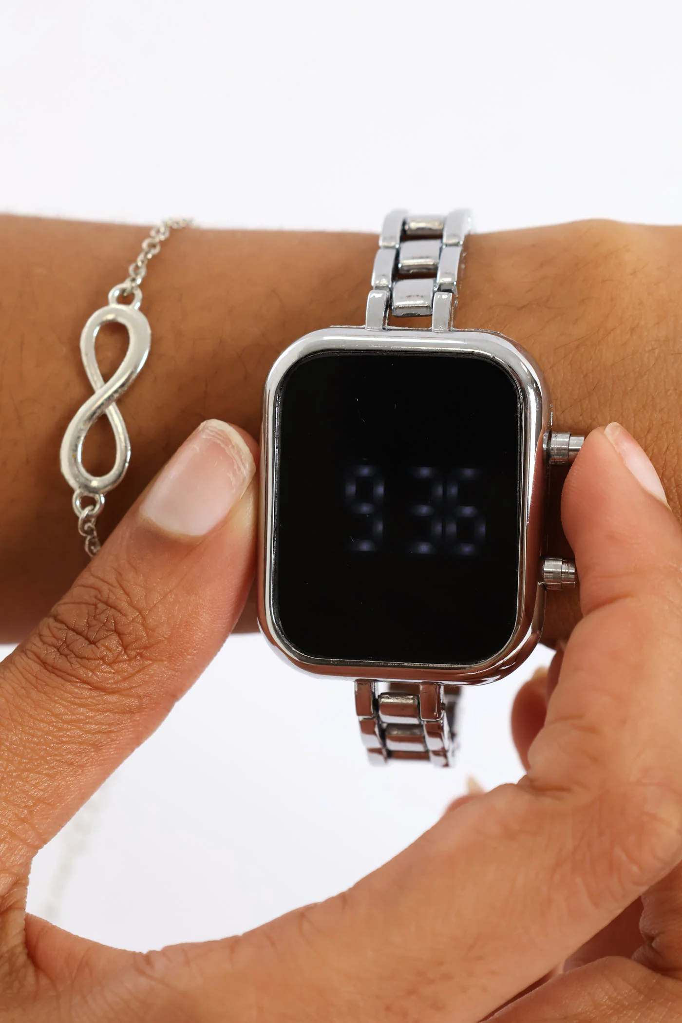 Digital Metal Strap Watch & Infinity Bracelet - Silver