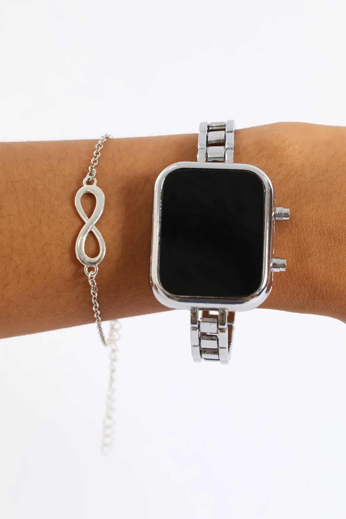 Digital Metal Strap Watch & Infinity Bracelet - Silver - Image 3