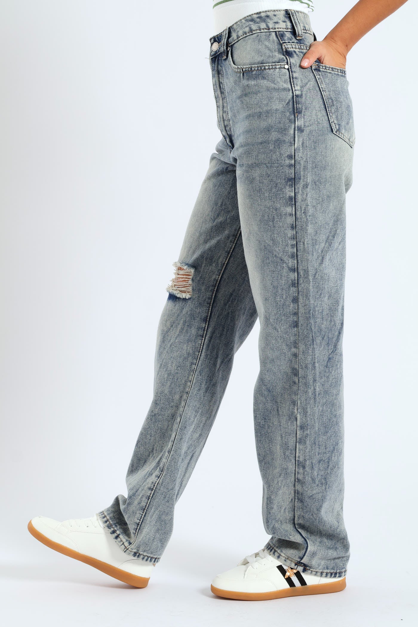 Distressed Bleach Effect Straight Leg Jean - Ink - Image 4