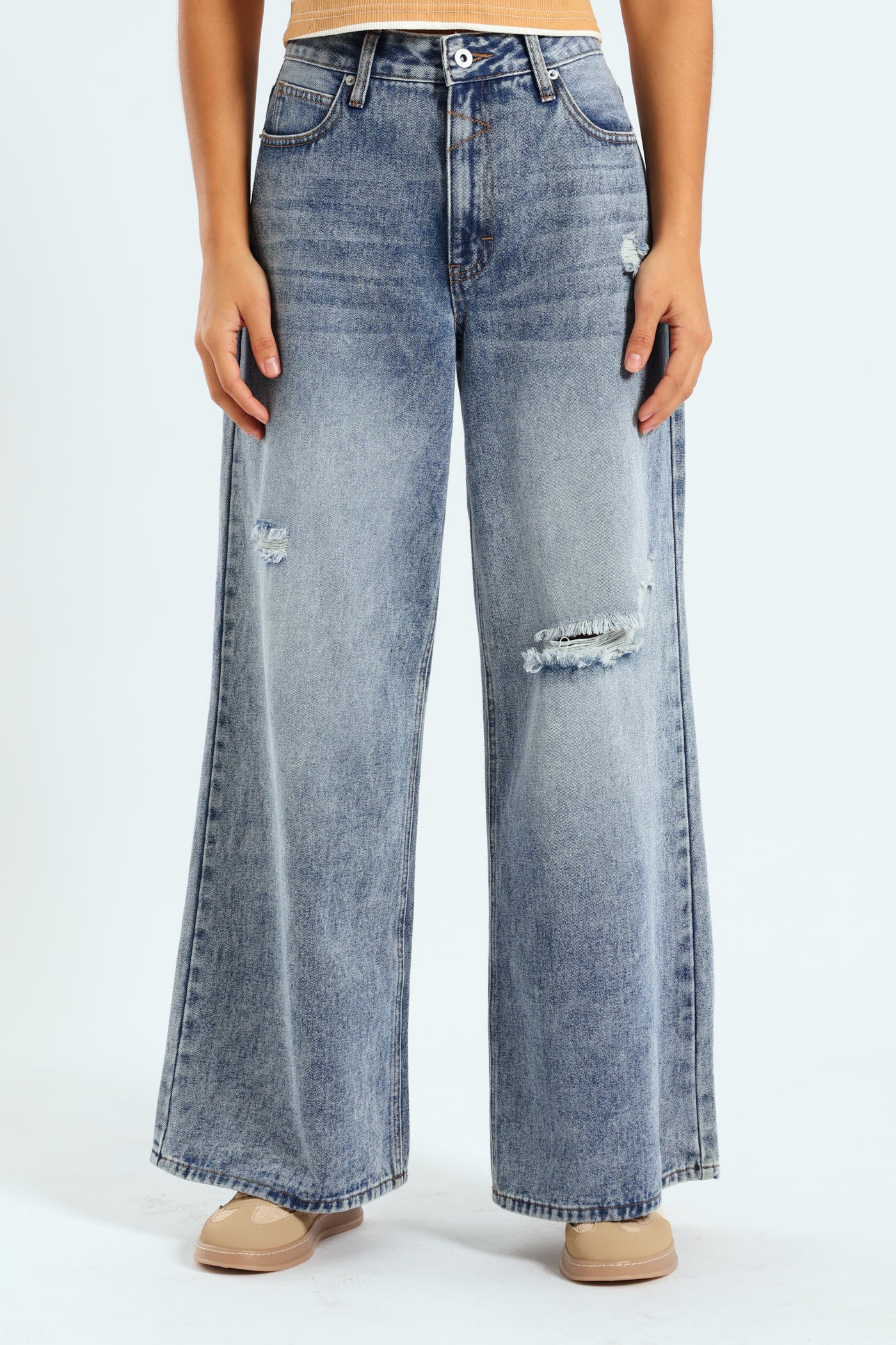 Distressed Wide Leg Jean - Stonewash