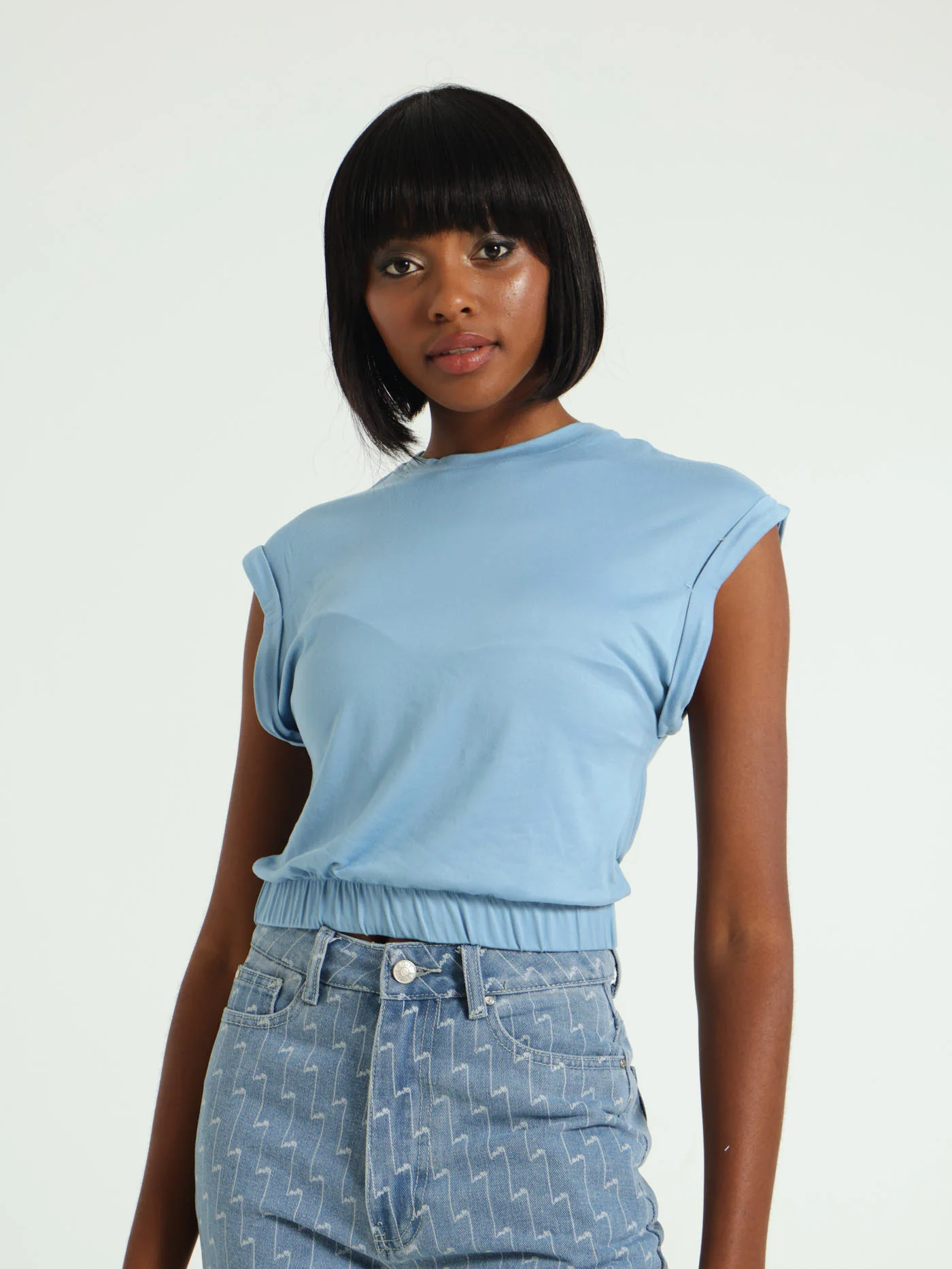 Ditsy Elastic Waist Turn Up Sleeve Top - Blue