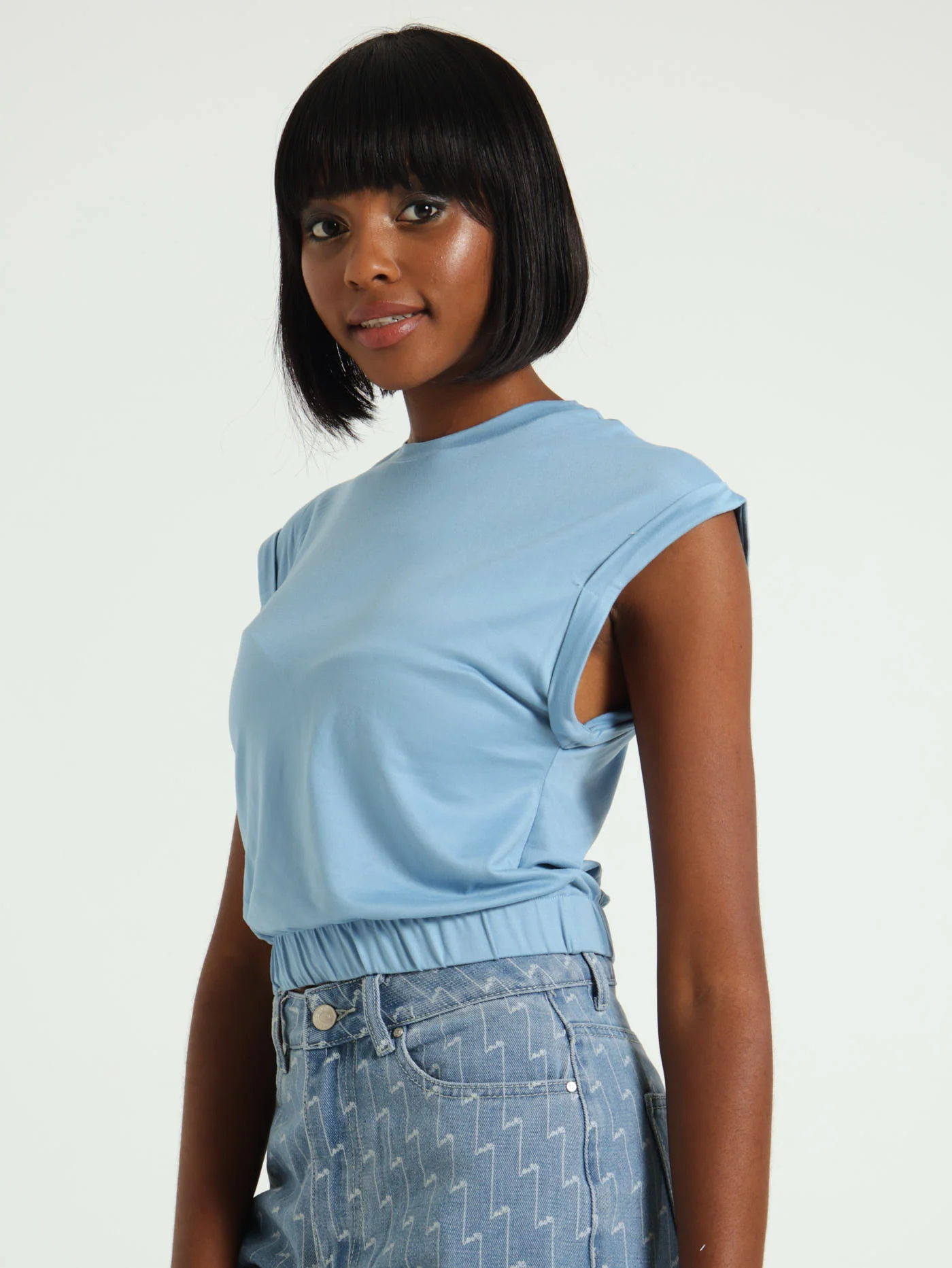Ditsy Elastic Waist Turn Up Sleeve Top - Blue - Image 2