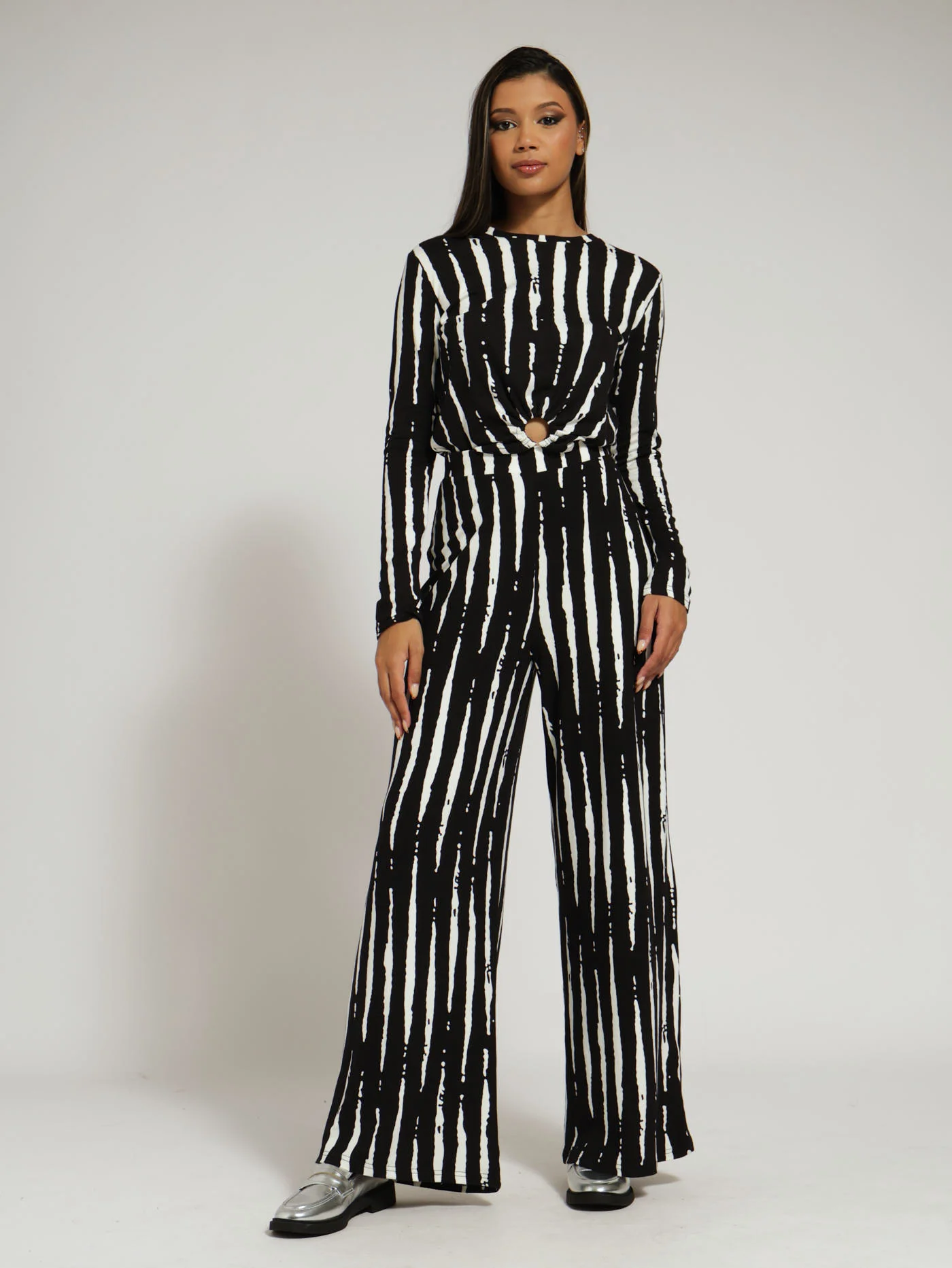 Ditsy Stripe Wideleg Pants - Black/White - Image 4