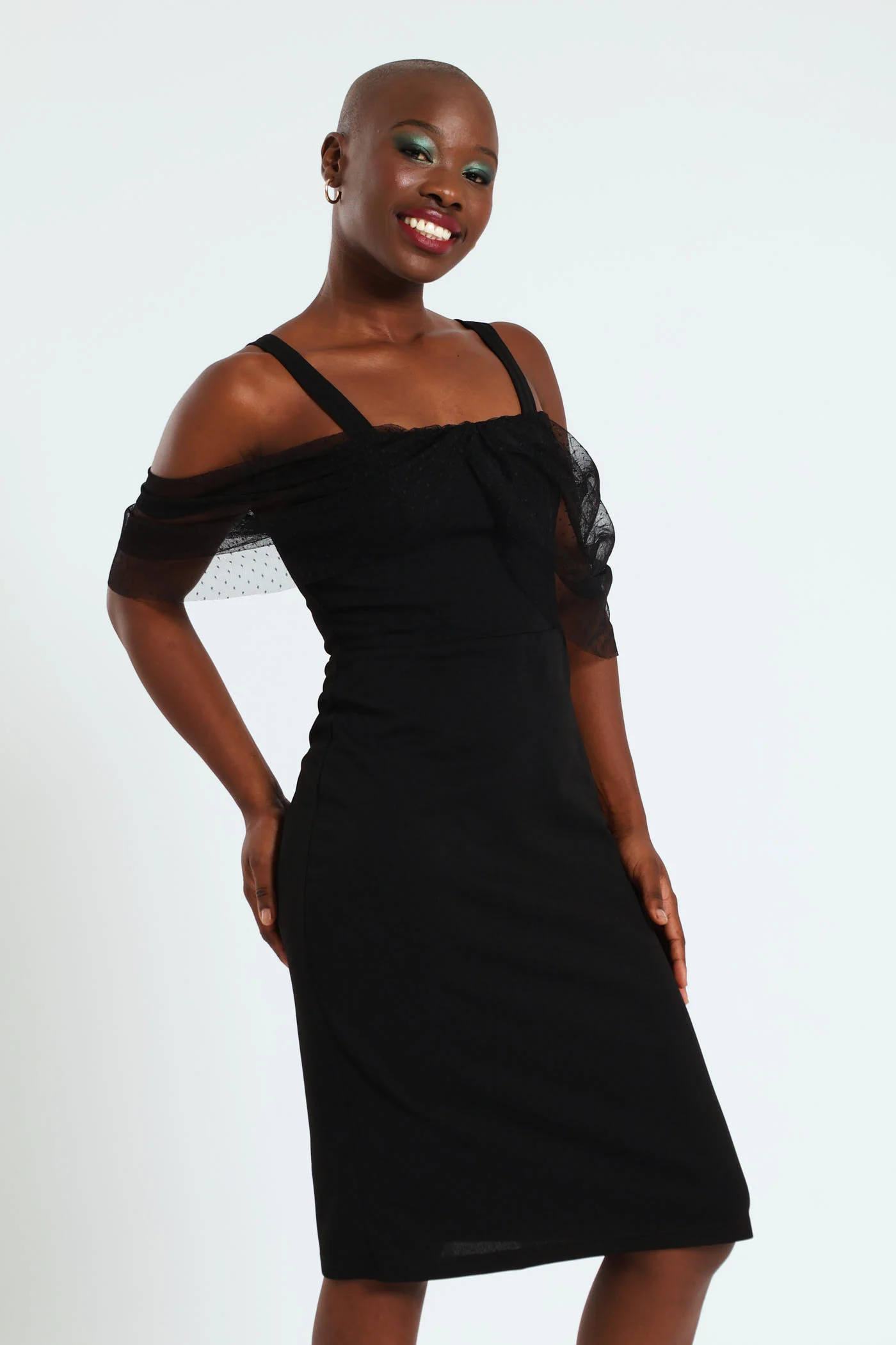 Dobby Mesh Combo Detail Bodycon Dress - Black - Image 3