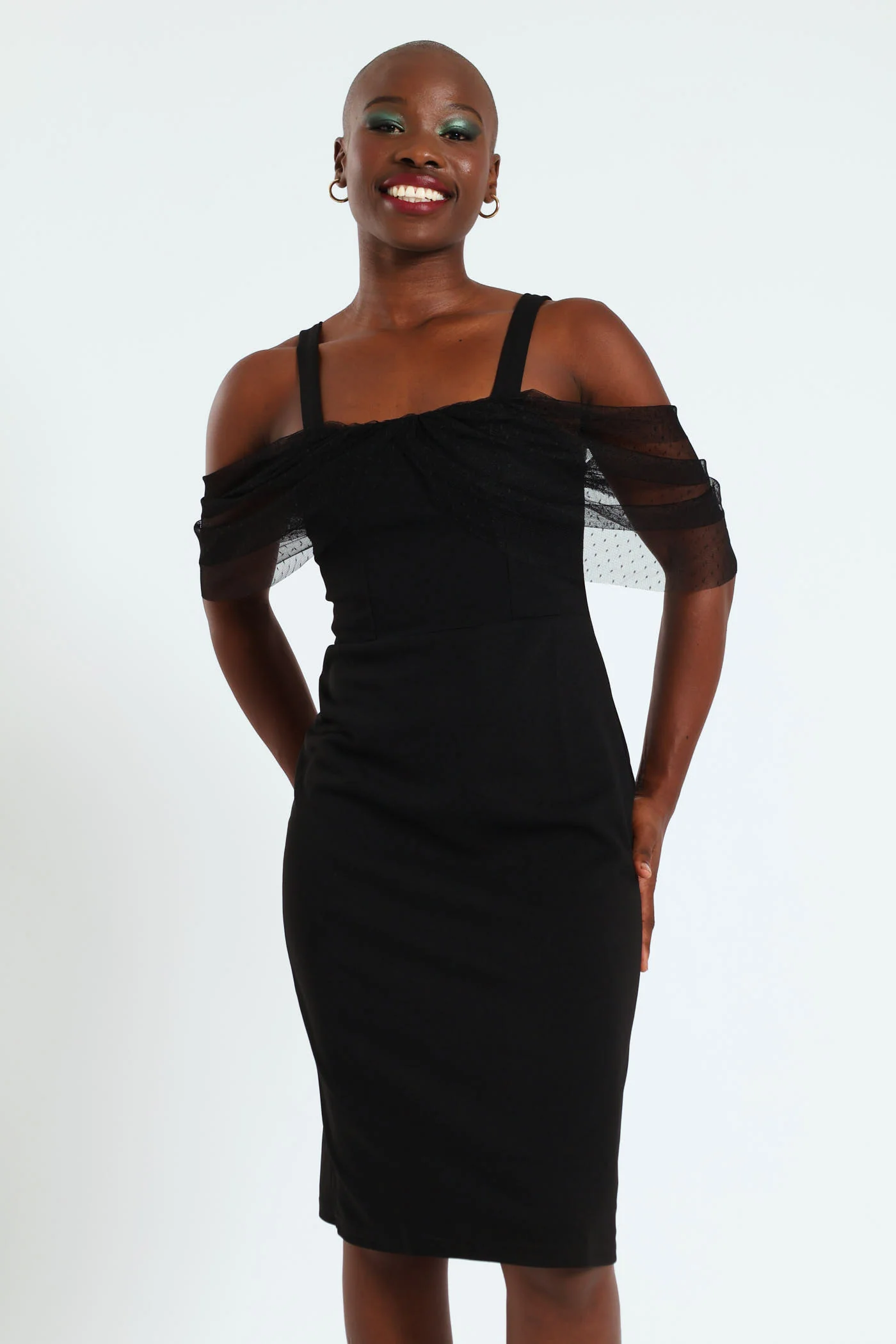 Dobby Mesh Combo Detail Bodycon Dress - Black - Image 4