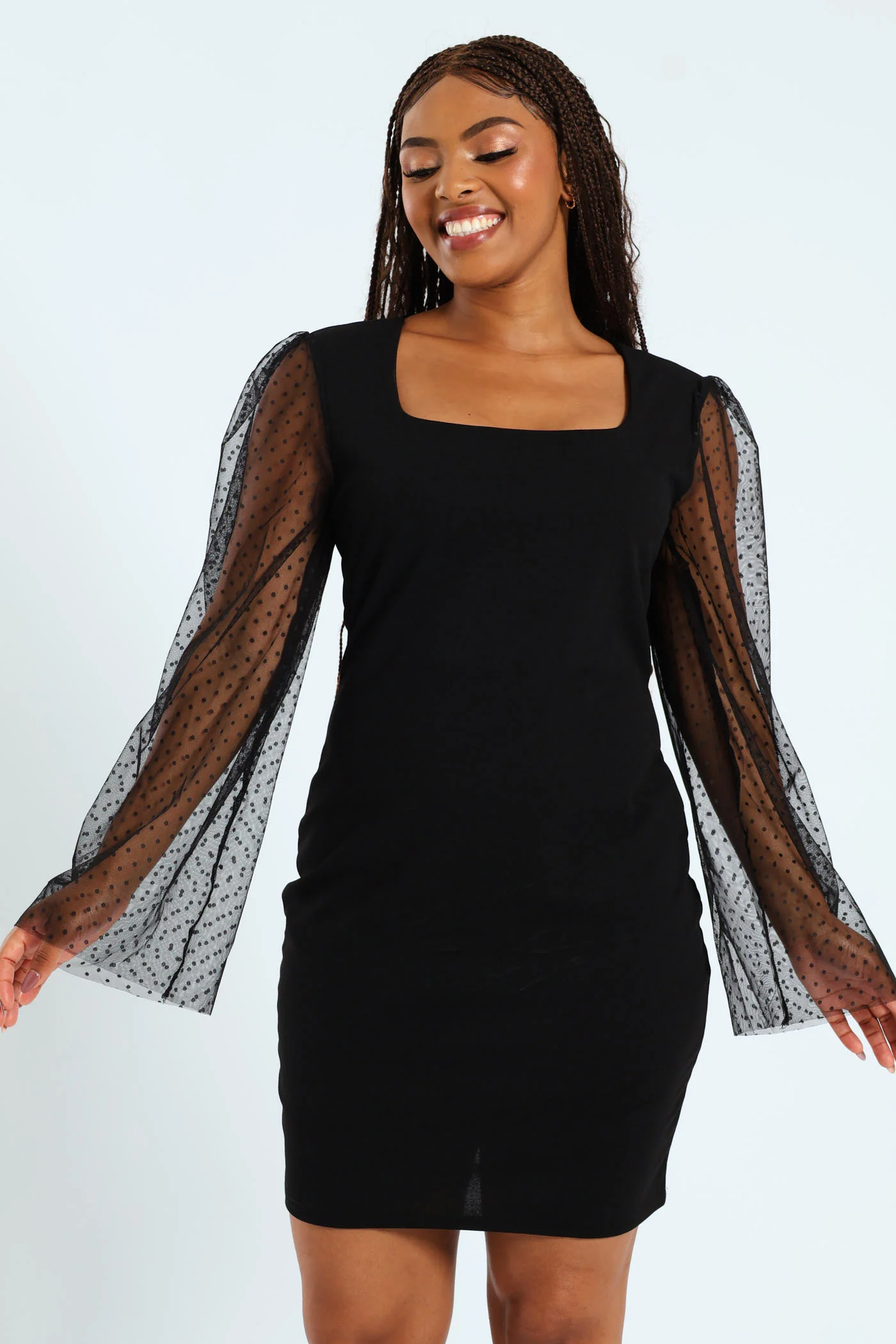 Dobby Mesh Flare Sleeve Combo Mini Dress - Black - Image 2