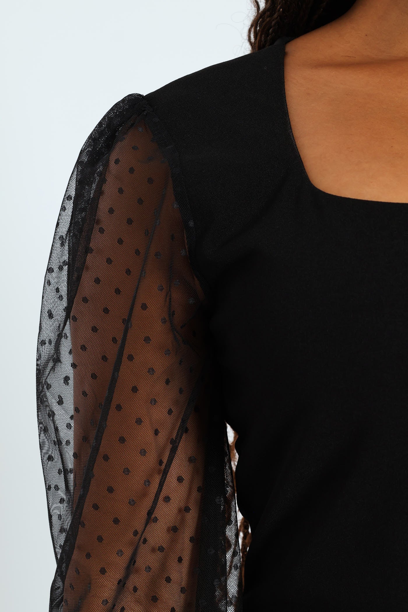 Dobby Mesh Flare Sleeve Combo Mini Dress - Black - Image 5