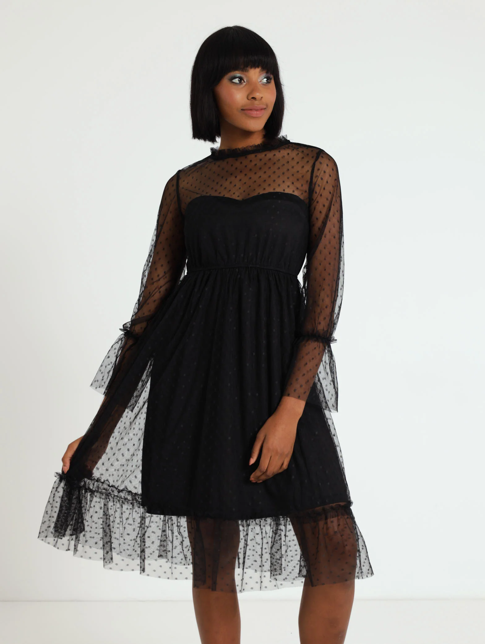 Dobby Mesh Hi Neck Yoke Prom Dress