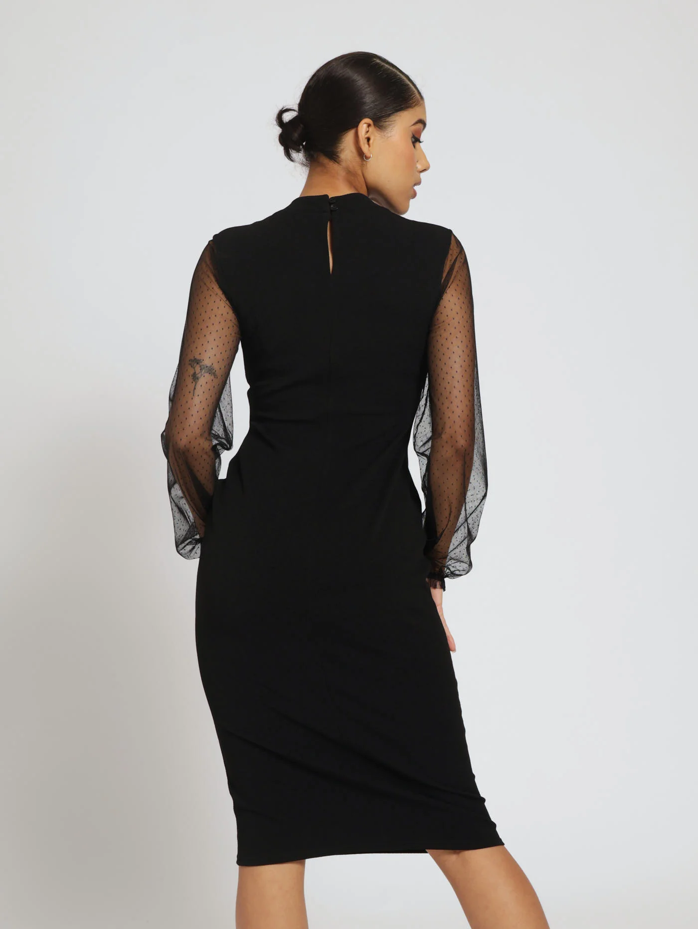 Dobby Mesh Yoke & Sleeve Combo Midi Dress - Black - Image 3