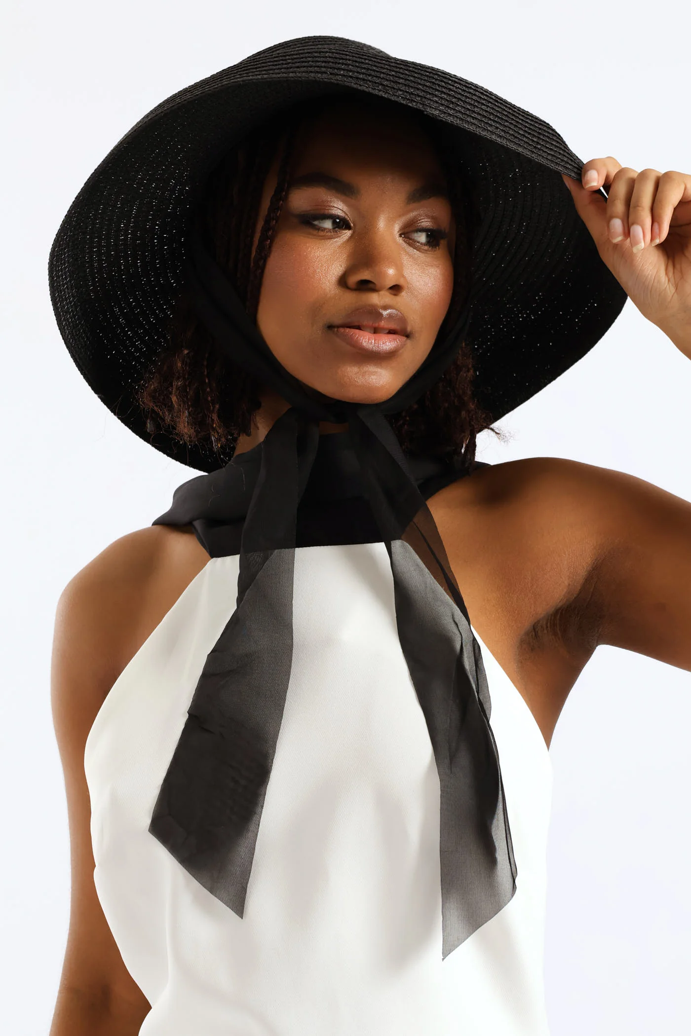 Dome Straw Sun Hat With Ties - Black - Image 3