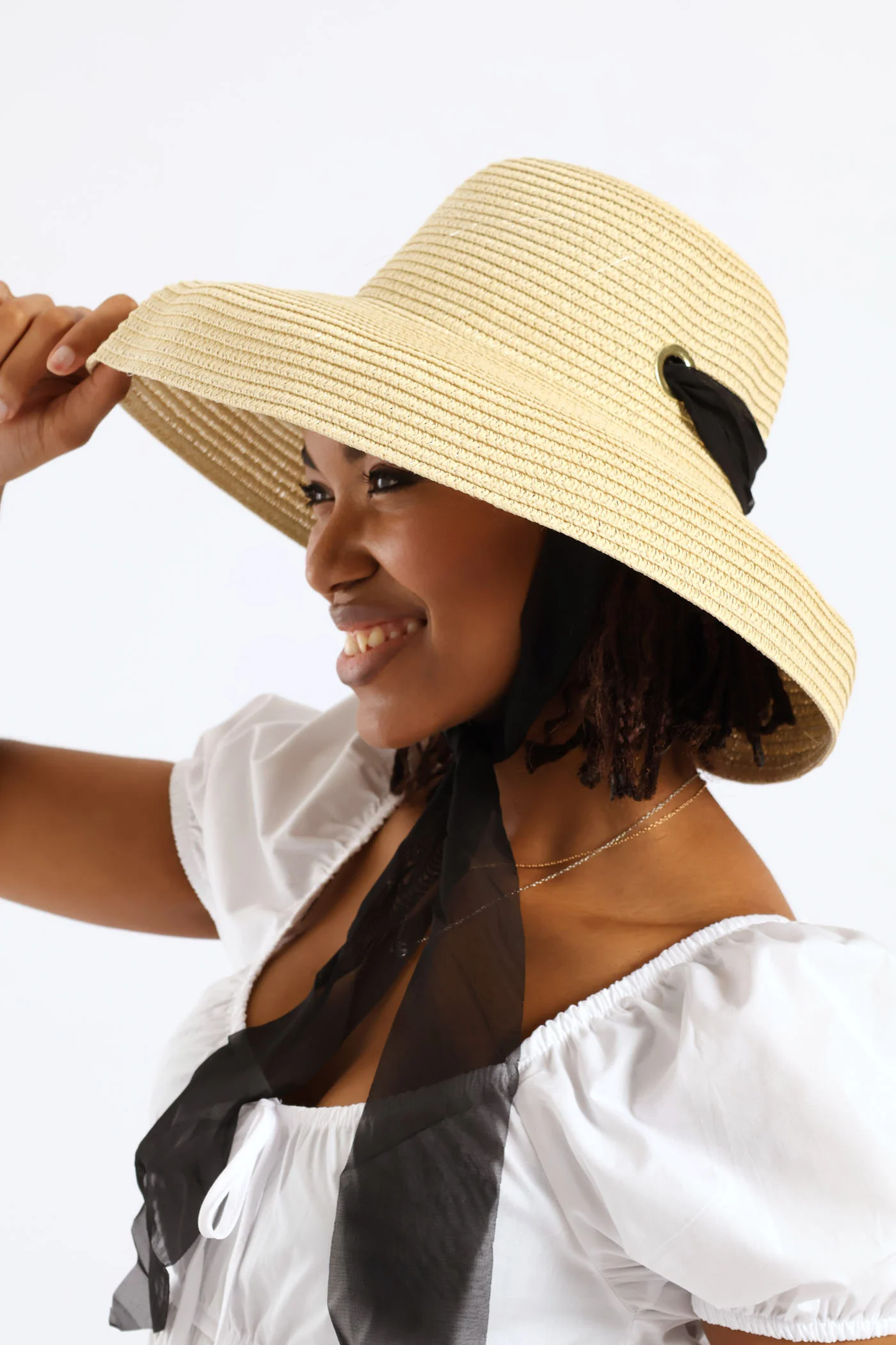 Dome Straw Sun Hat With Ties - Sand - Image 3