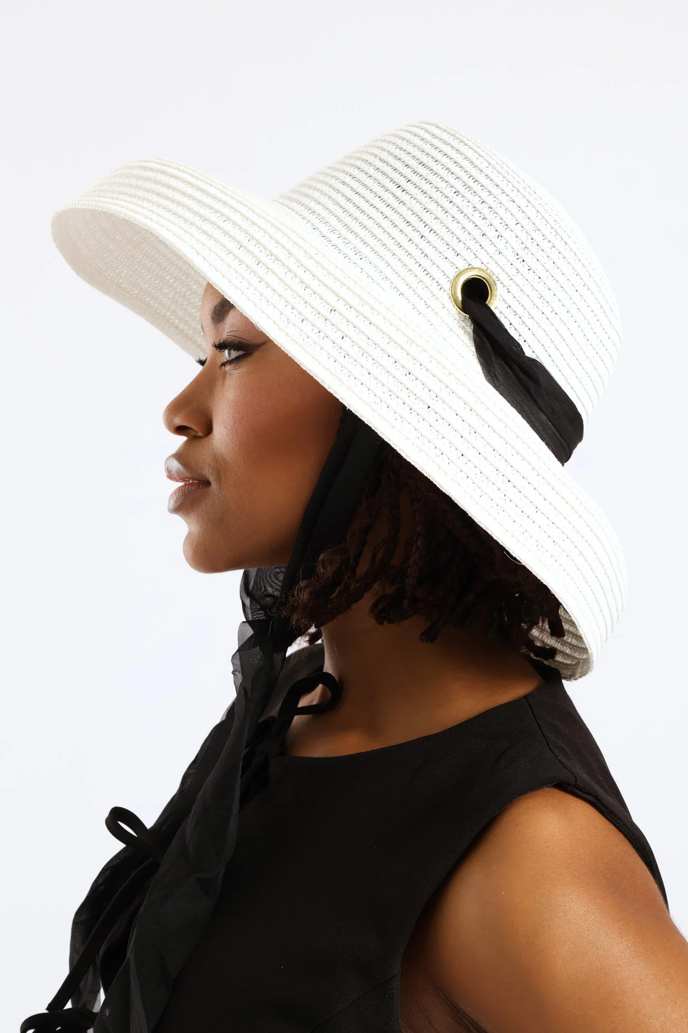Dome Straw Sun Hat With Ties - White - Image 2