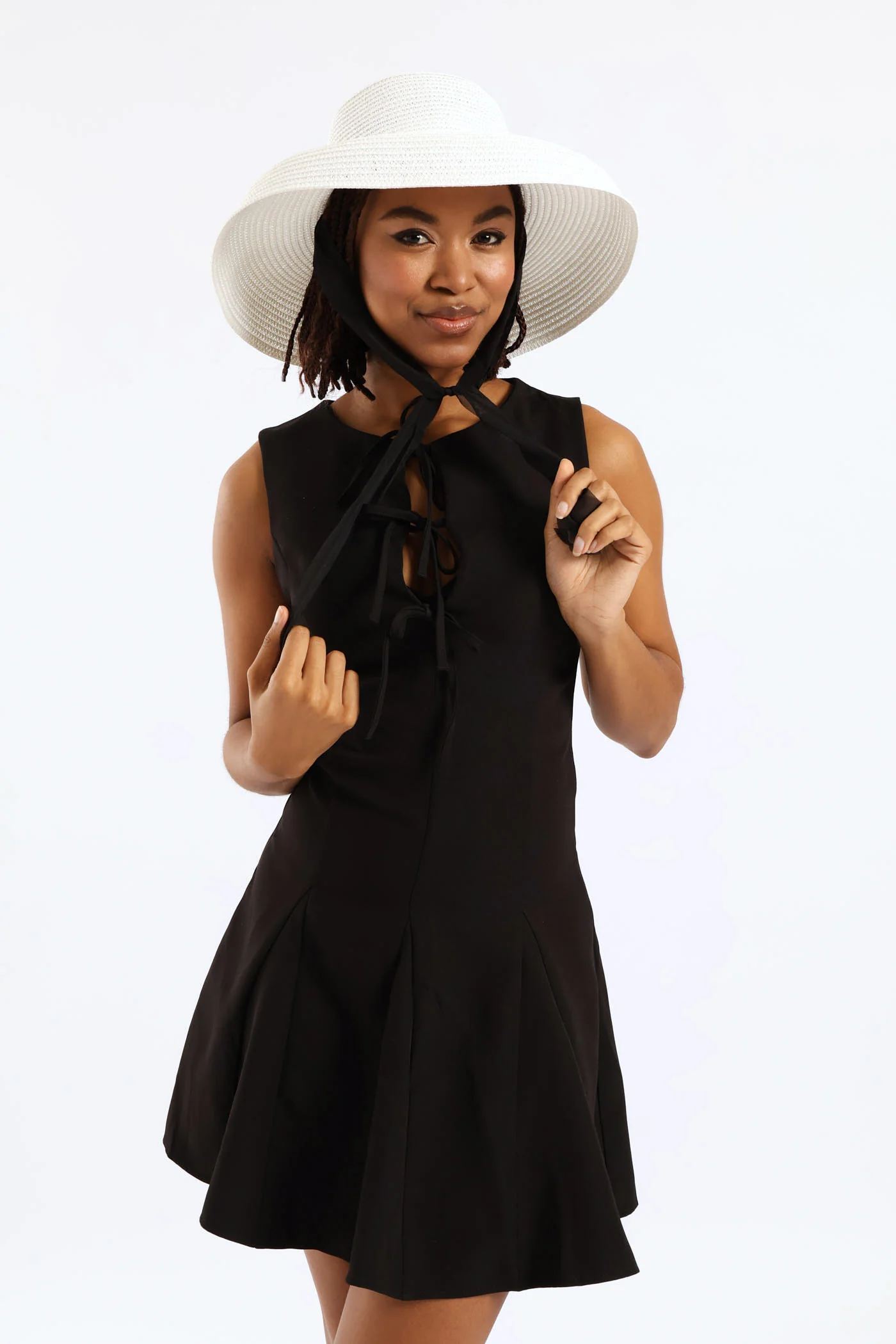 Dome Straw Sun Hat With Ties - White - Image 5