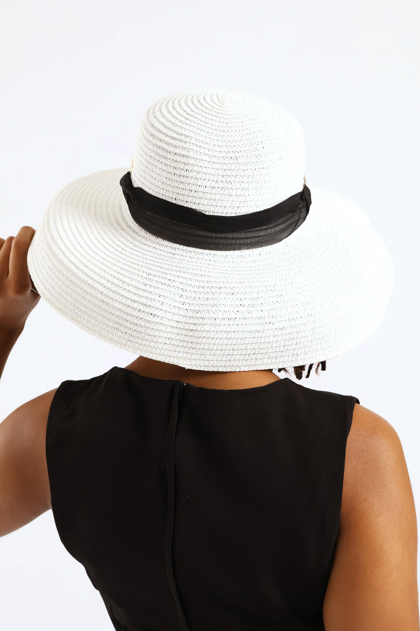 Dome Straw Sun Hat With Ties - White - Image 6