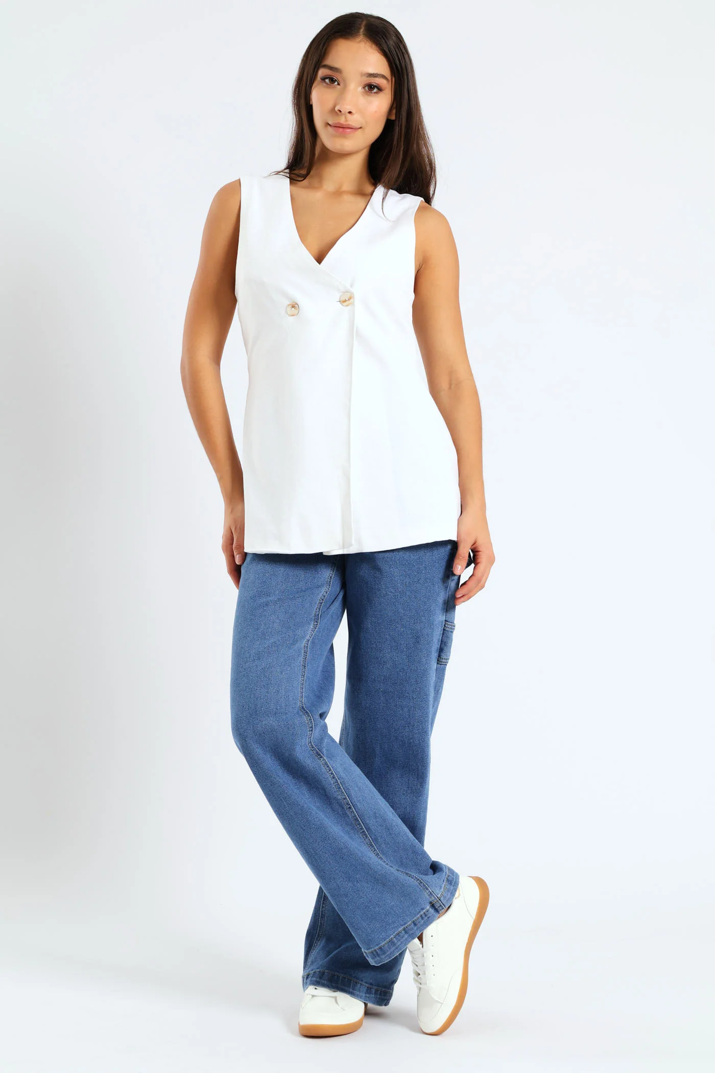 Double Breasted Linen Look Gilet - White - Image 4
