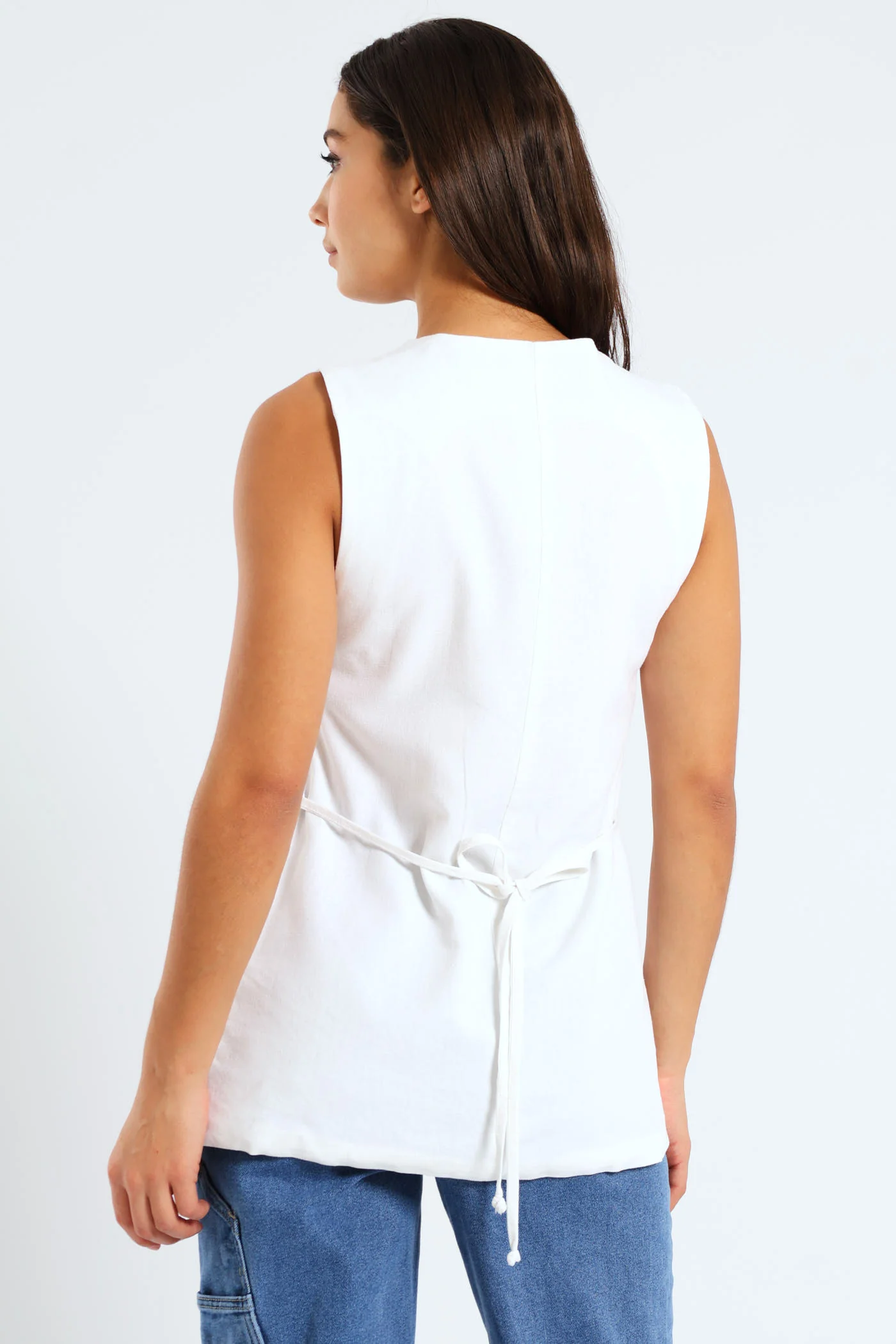Double Breasted Linen Look Gilet - White - Image 5