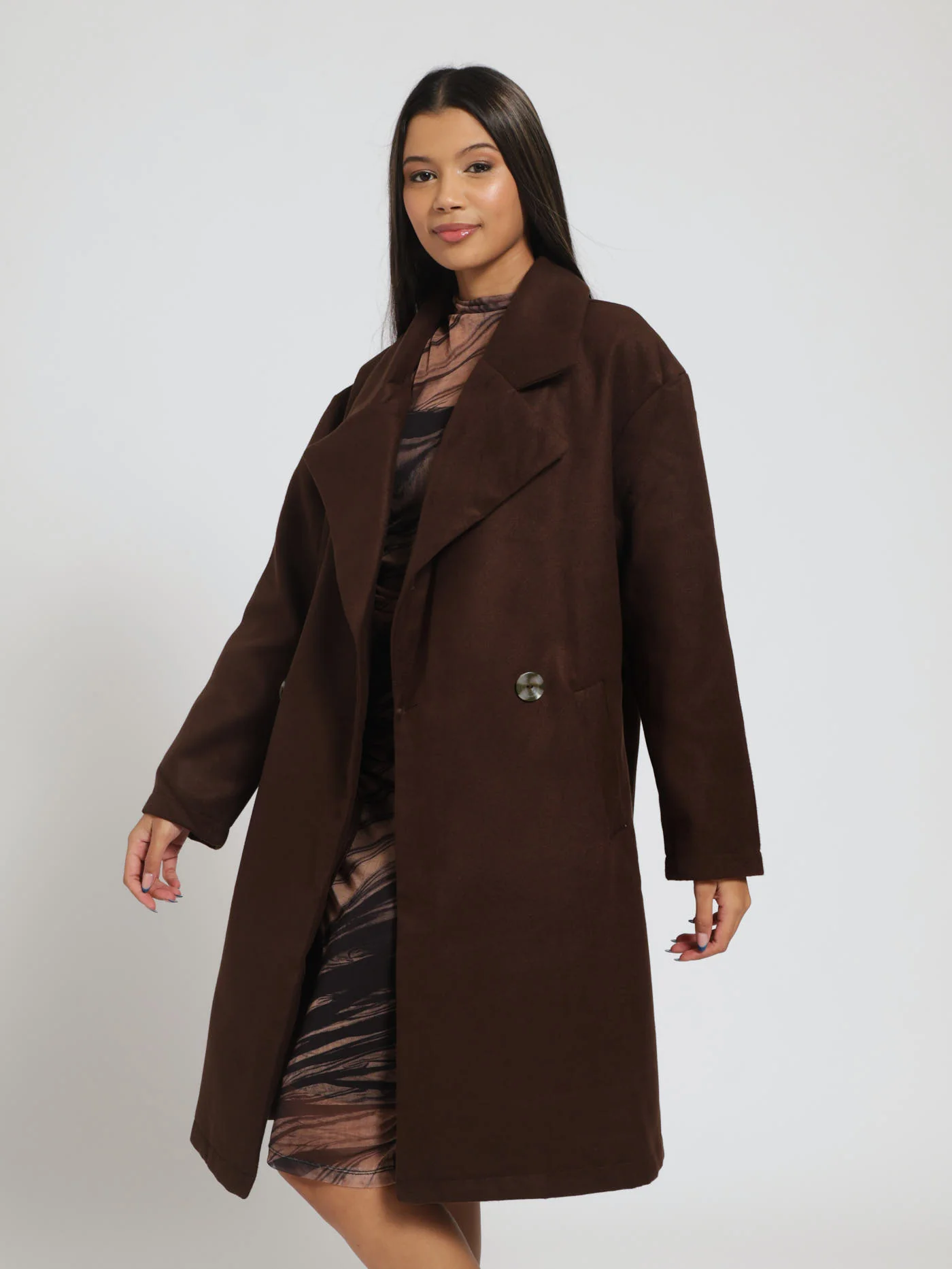 Double Breasted Melton Coat - Dark Brown - Image 2