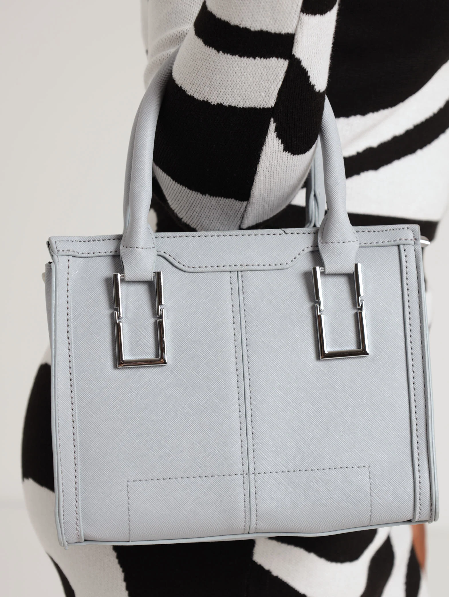 Double Buckle Panelled Satchel Bag - Grey