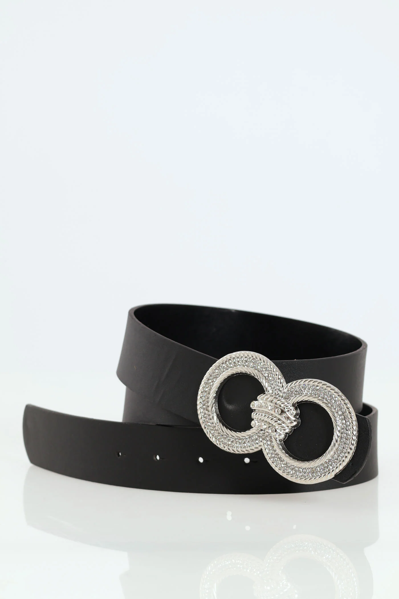 Double Diamante Round Buckle Belt - Black