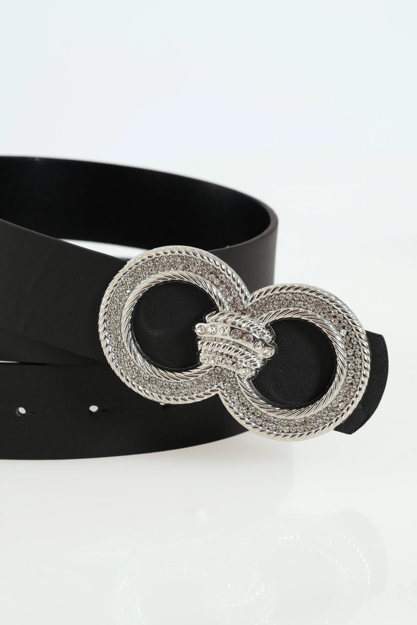 Double Diamante Round Buckle Belt - Black - Image 3