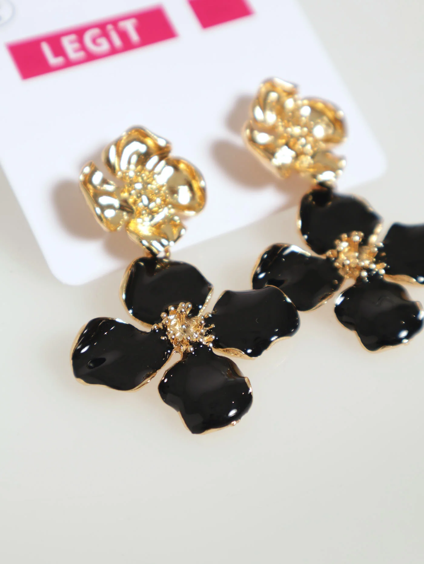 Double Drop Epoxy Flower Statement Earrings - Gold - Image 2