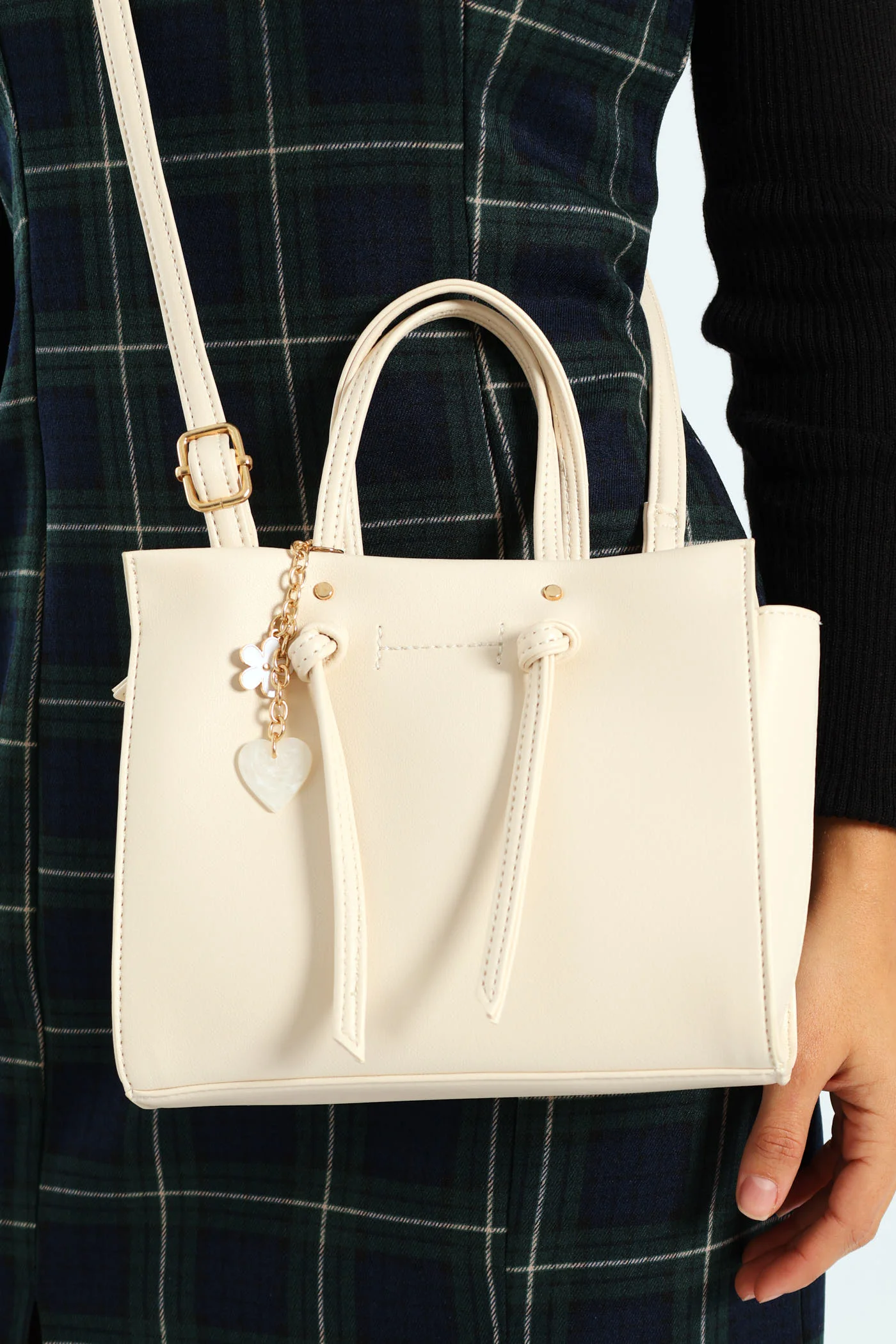 Double Front Knot Tote Bag With Heart Charm - Cream