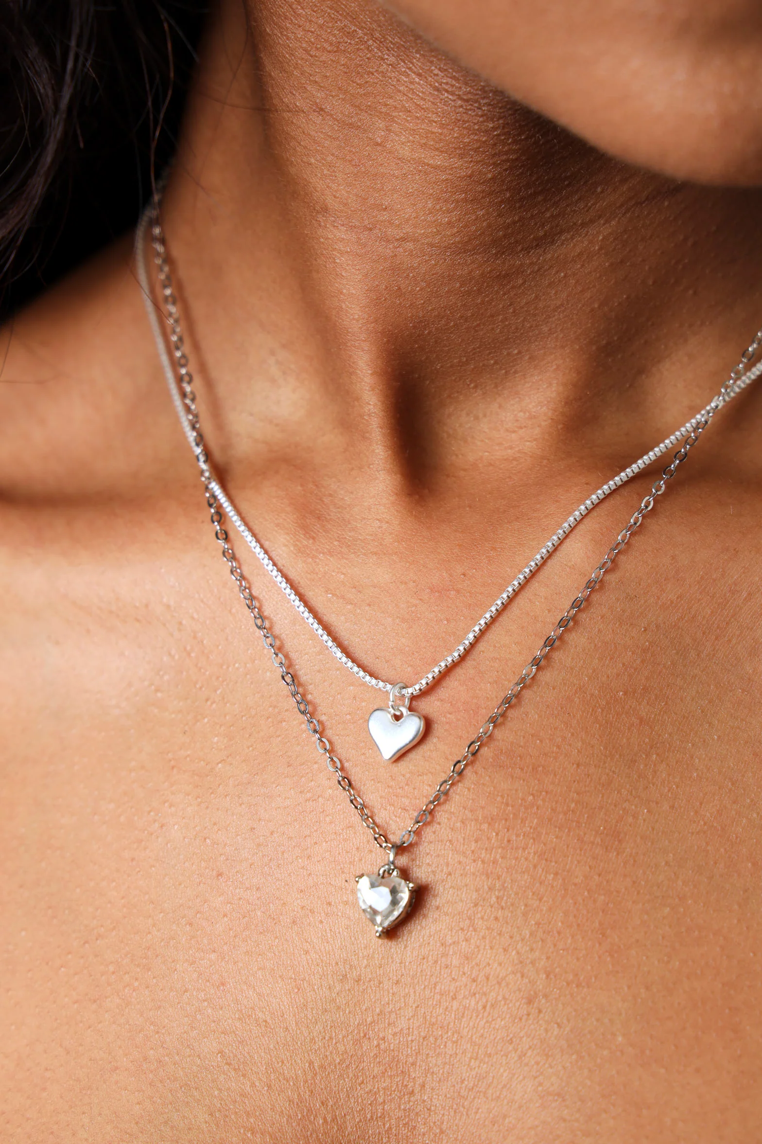 Double Layer Diamante & Gem Heart Pendant Necklace - Silver