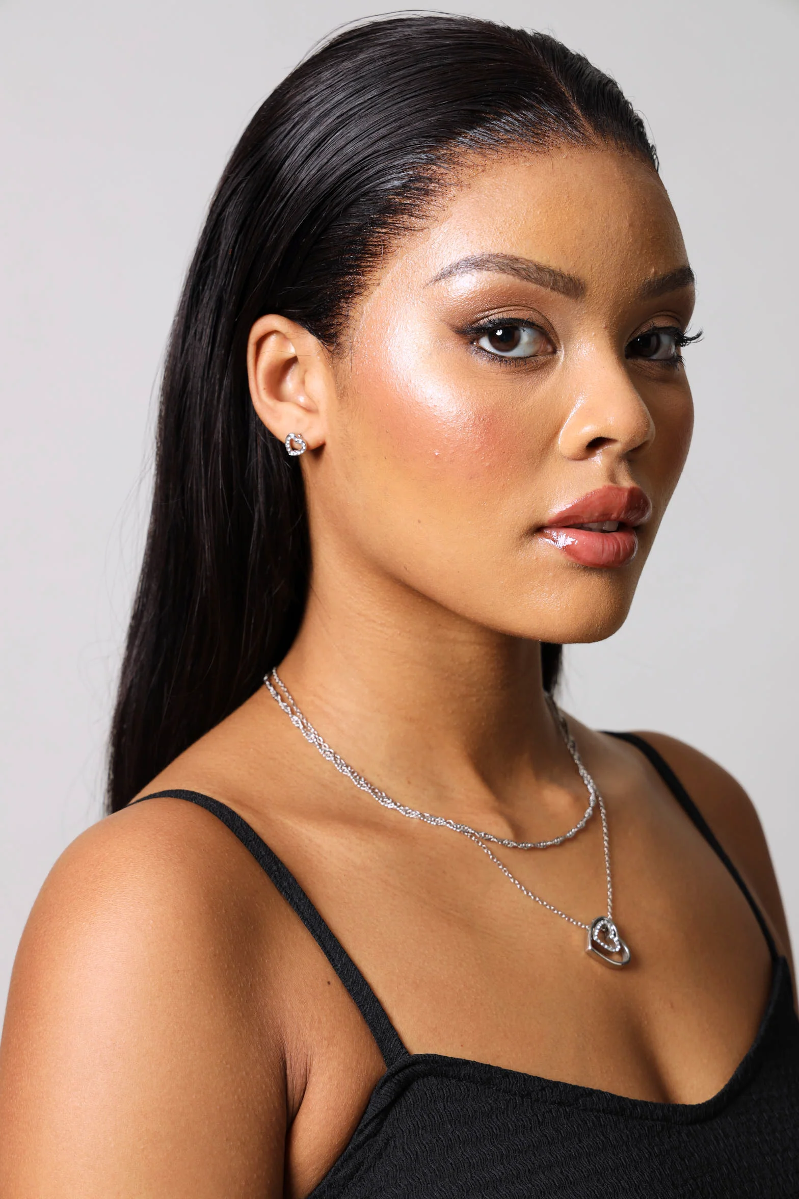 Double Layer Diamante Heart Pendant & Matching Earrings - Silver