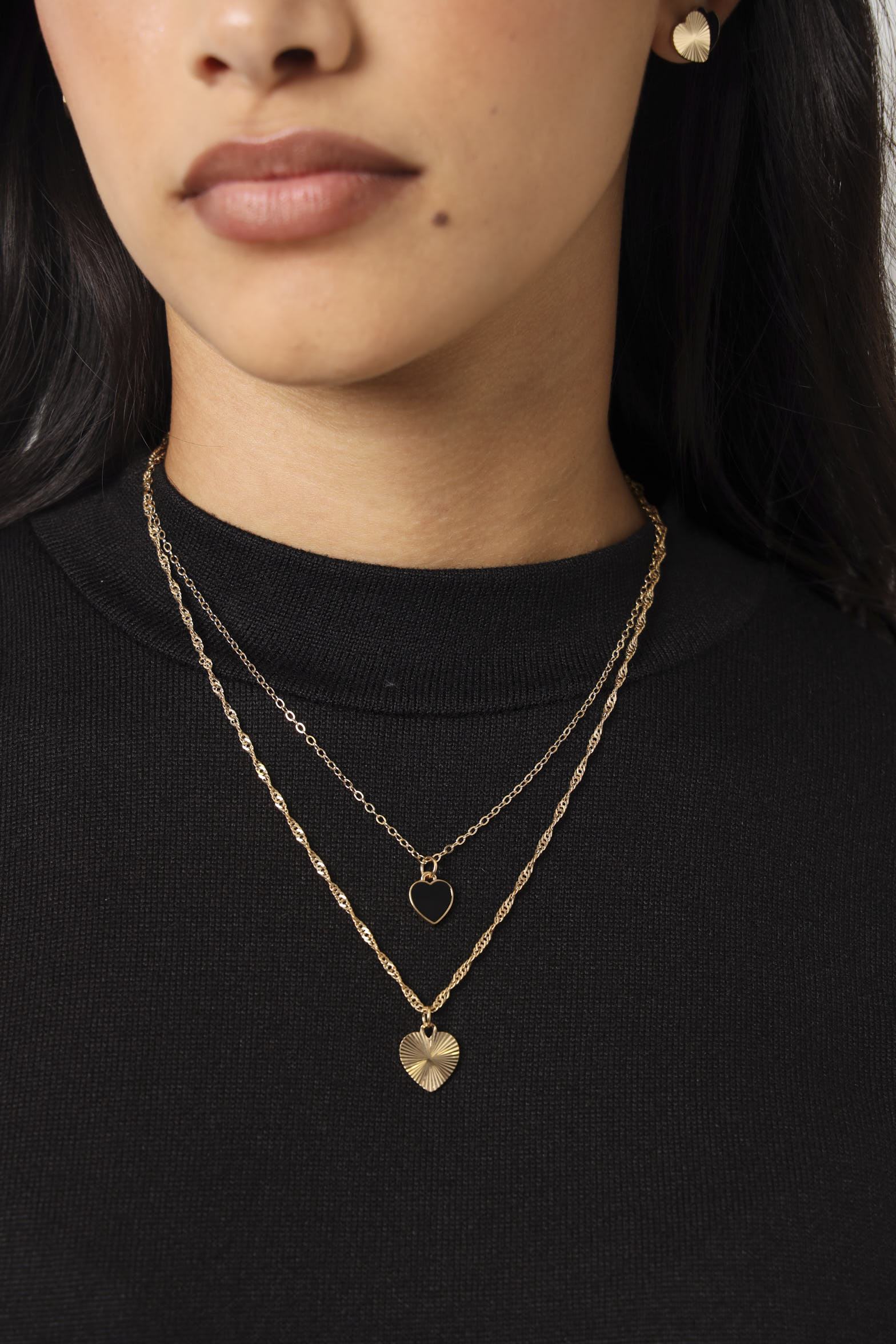 Double Layer Heart Necklace Matching Earrings - Gold