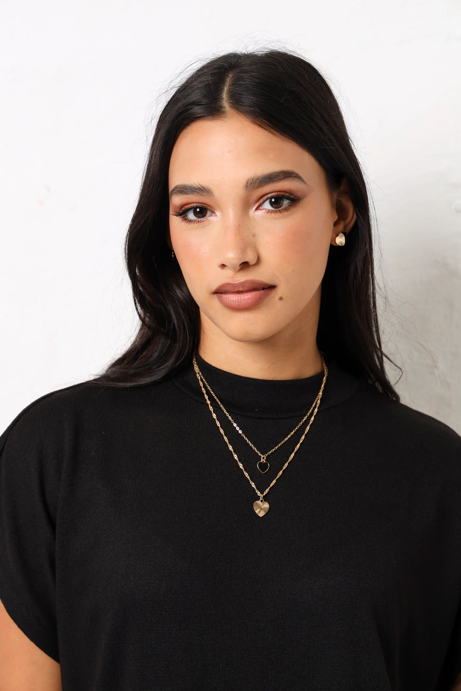 Double Layer Heart Necklace Matching Earrings - Gold - Image 2