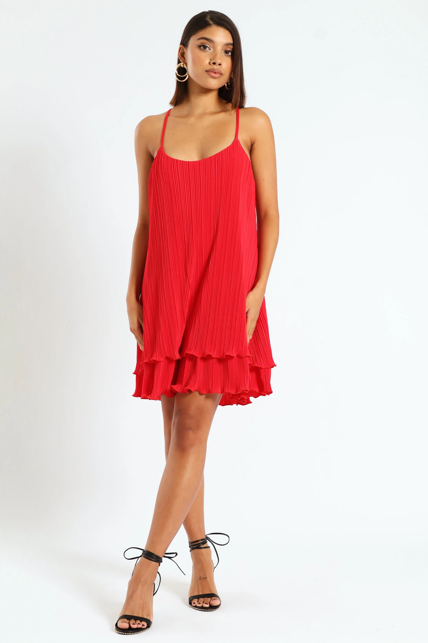 Double Layer Strappy Bodre Mini Dress - Red - Image 4