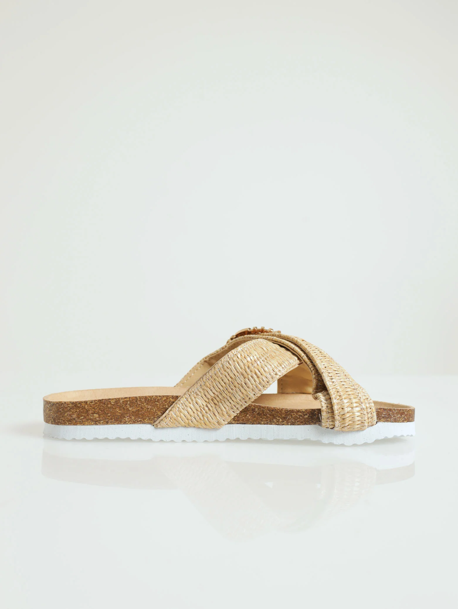 Double Raffia Criss Cross Strap Sandal With Buckle - Oatmeal - Image 2