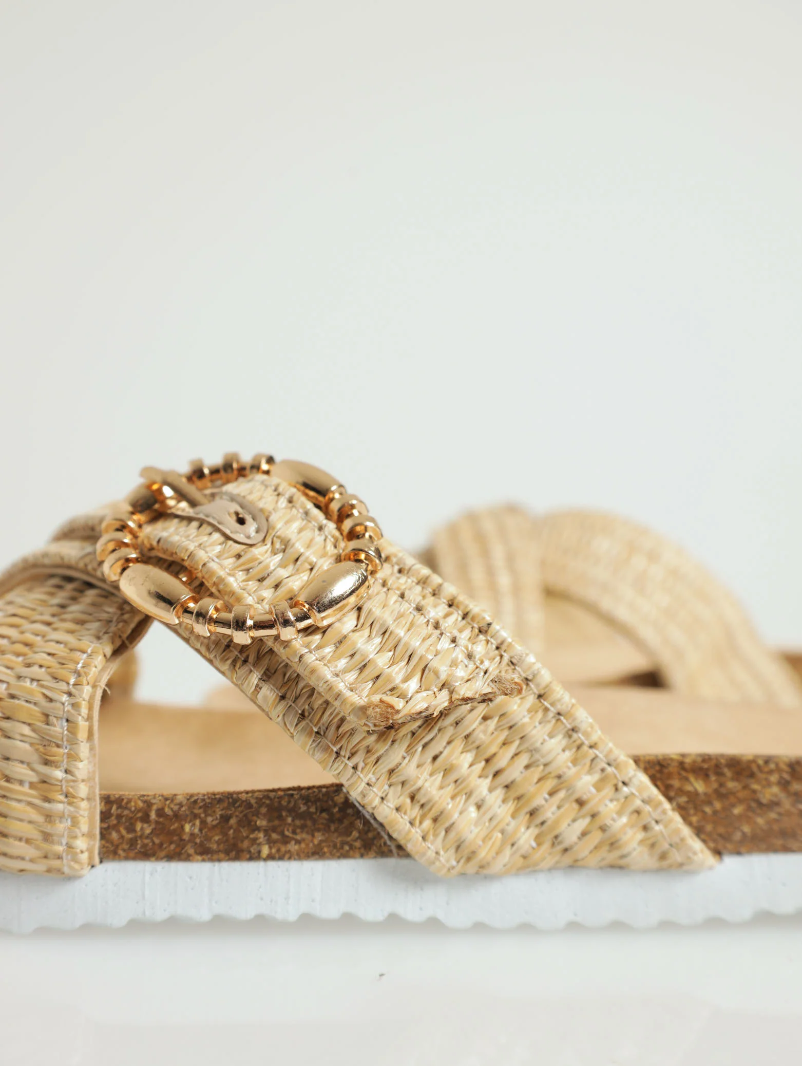 Double Raffia Criss Cross Strap Sandal With Buckle - Oatmeal - Image 5
