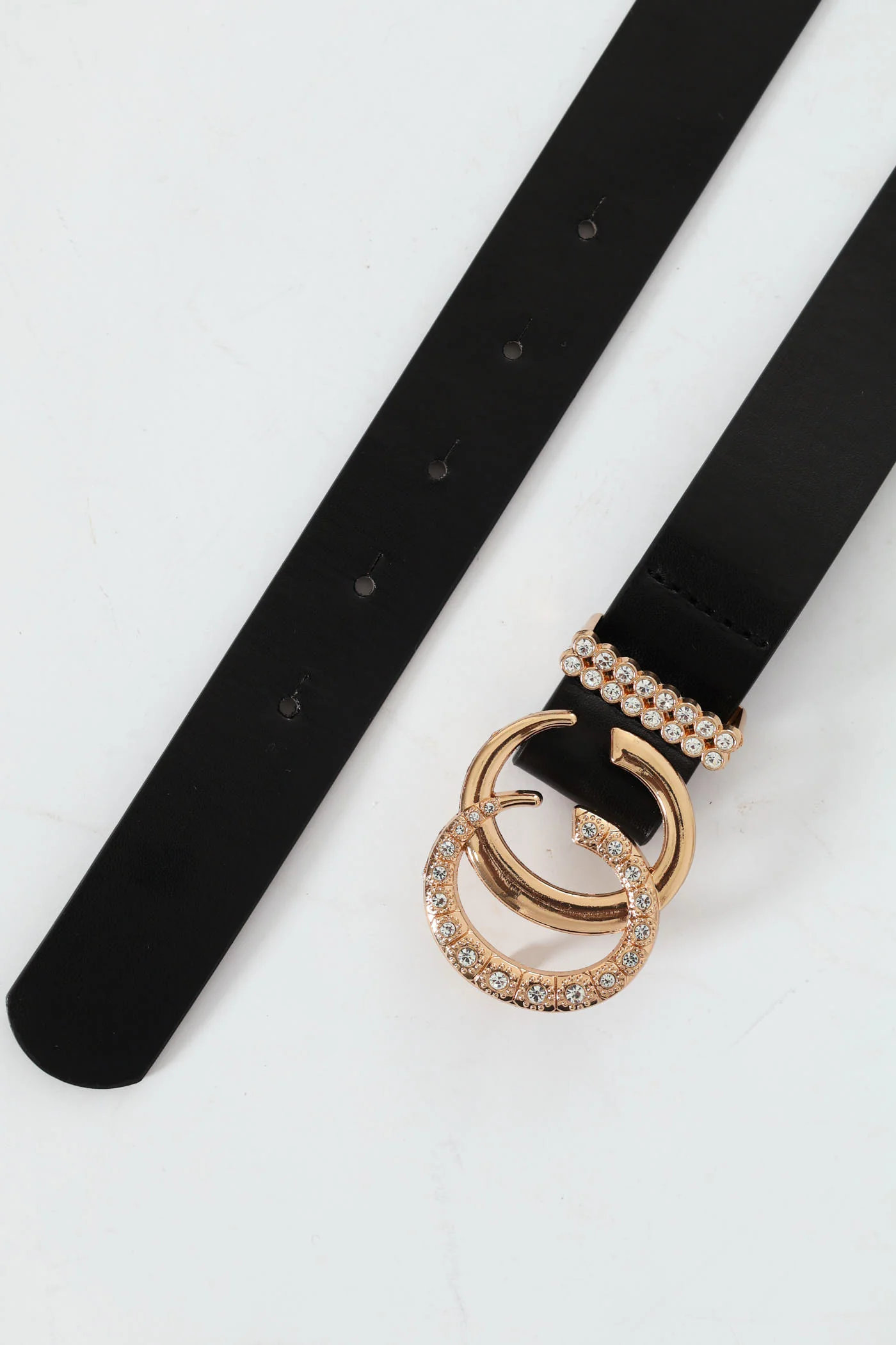 Double Ring Diamnate Buckle Belt - Black - Image 3