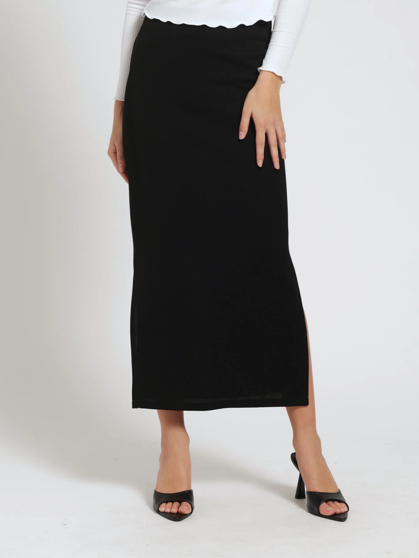 Double Side Slit Pull On Basic Skirt - Black