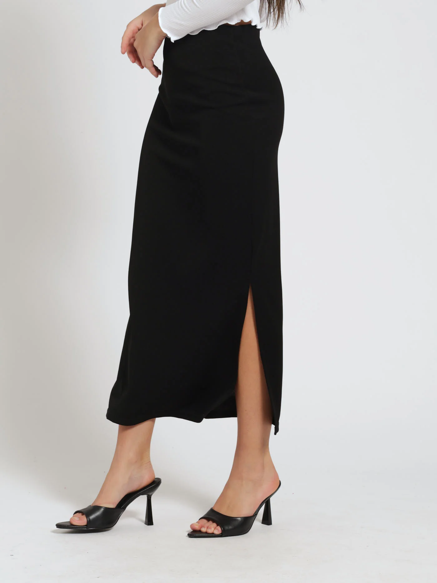 Double Side Slit Pull On Basic Skirt - Black - Image 2