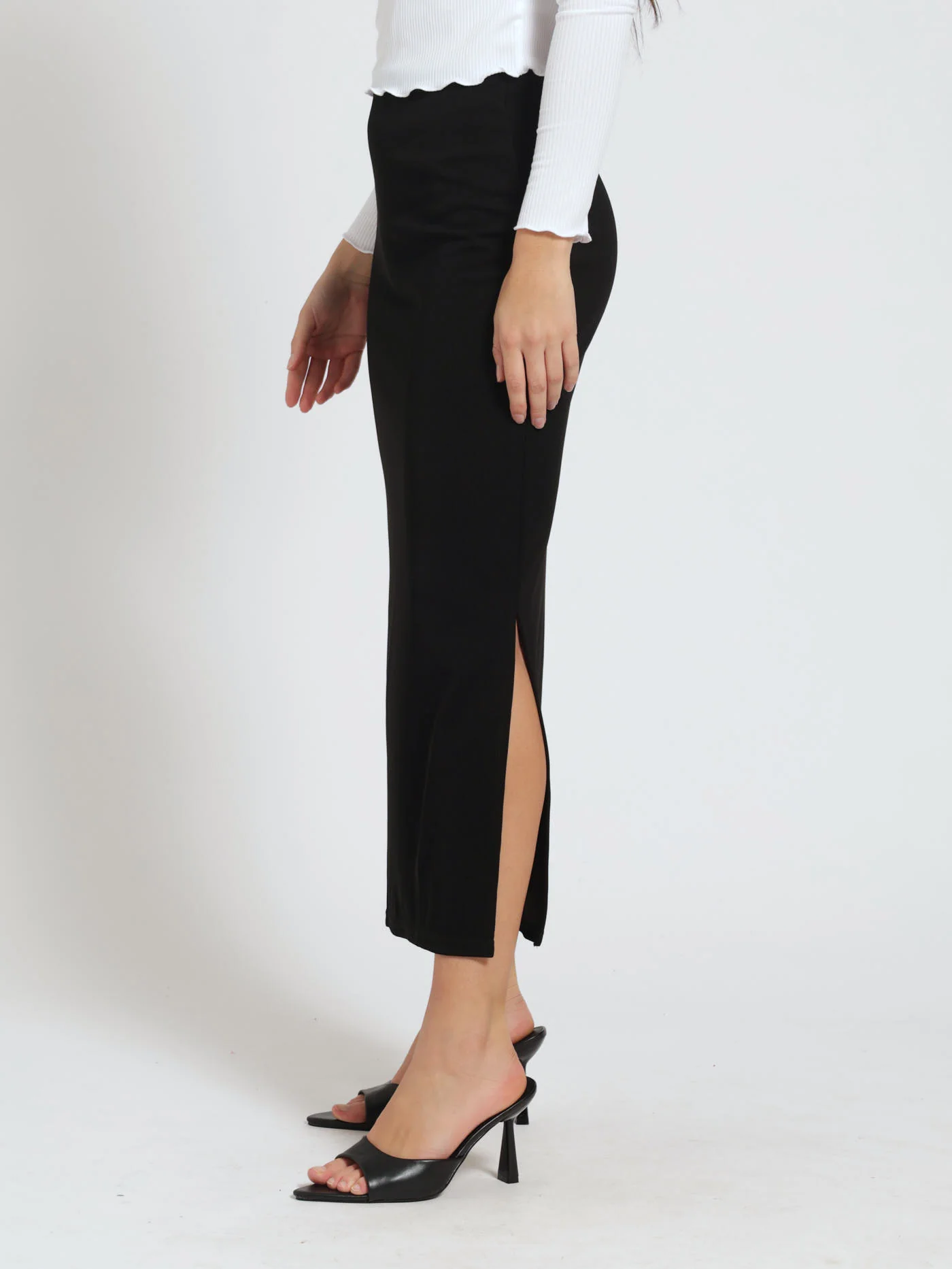 Double Side Slit Pull On Basic Skirt - Black - Image 3