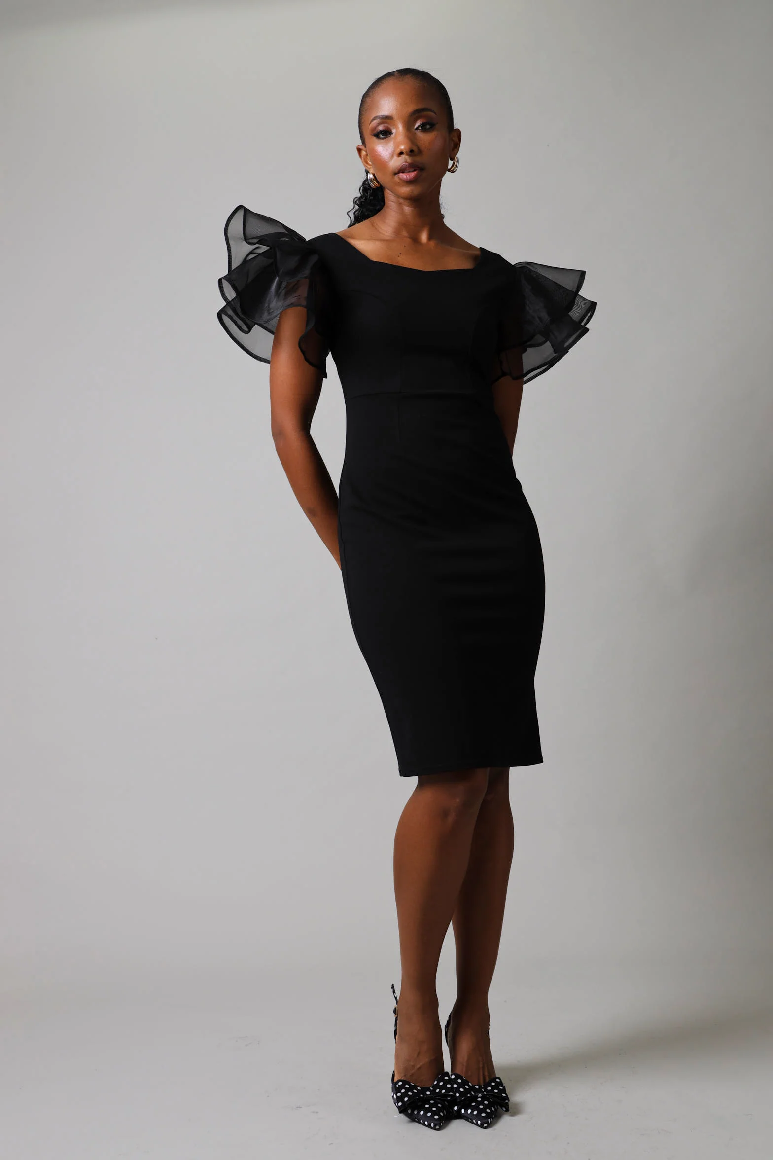 Double Frill Sleeve V-Neck Bodycon Dress