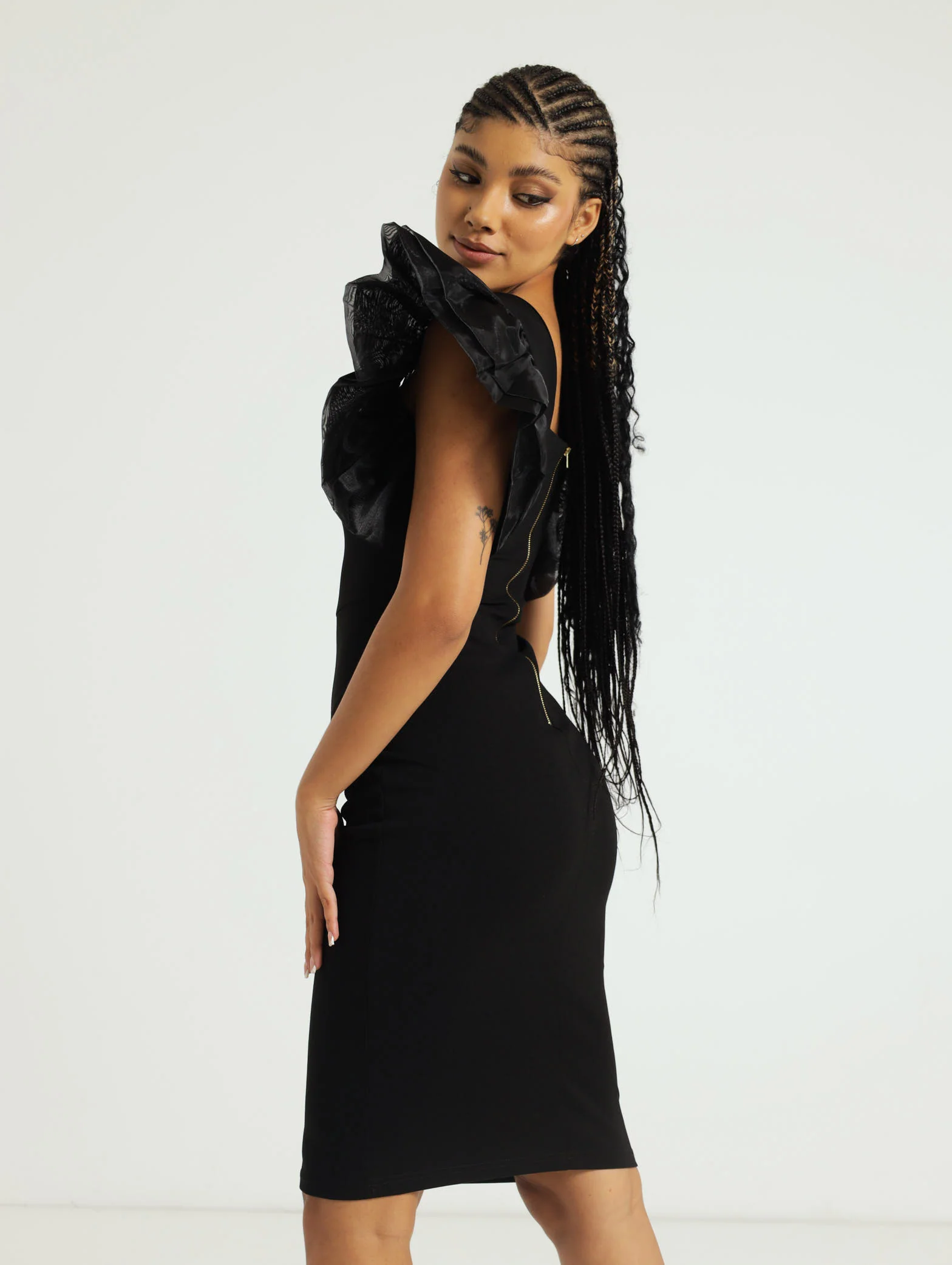Double Sleeve Frill V-Neck Bodycon Dress - Black - Image 2