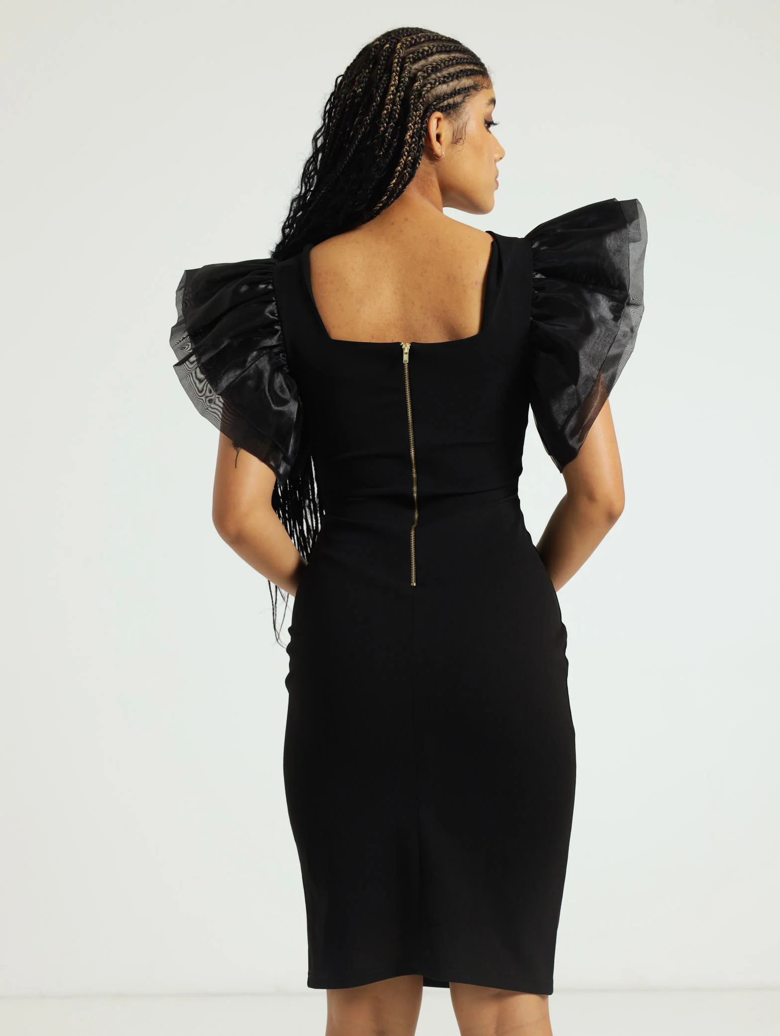 Double Sleeve Frill V-Neck Bodycon Dress - Black - Image 3