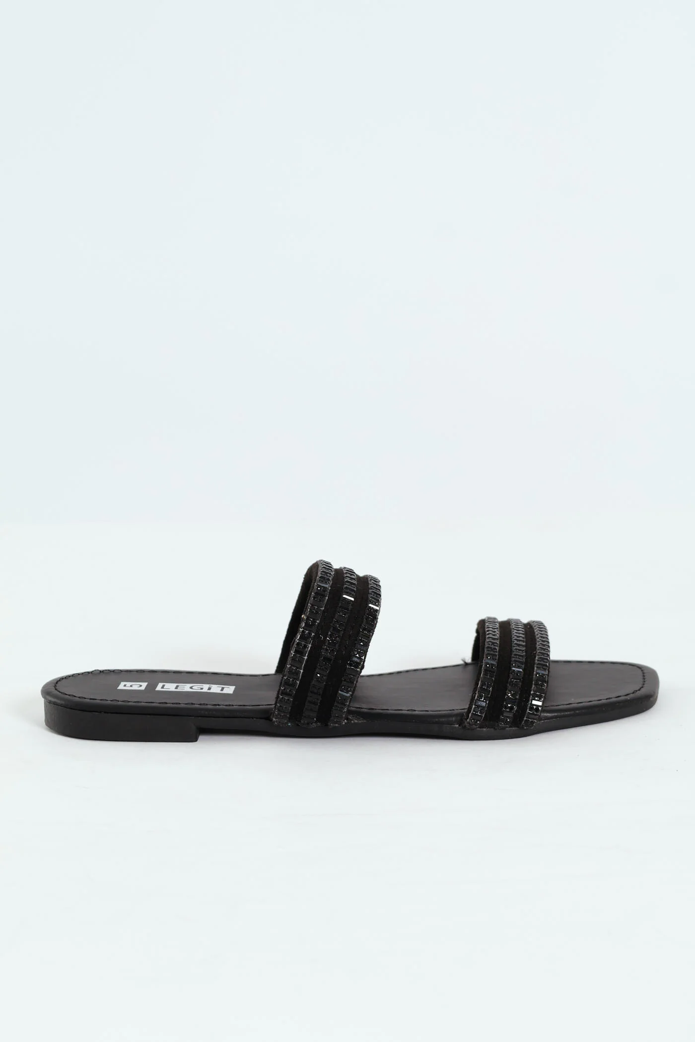 Double Strap Bejeweld Mule Sandal - Black