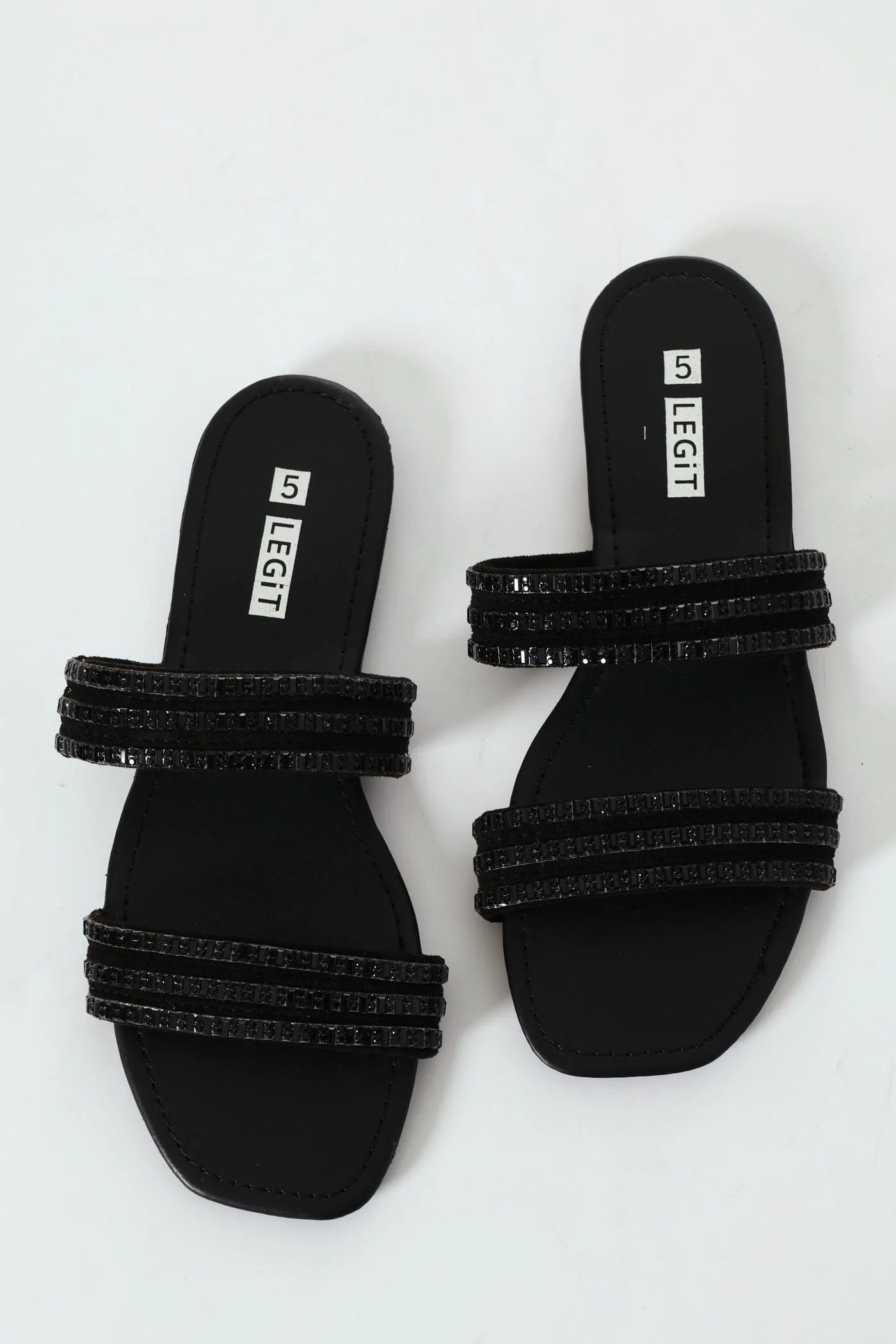 Double Strap Bejeweld Mule Sandal - Black - Image 2