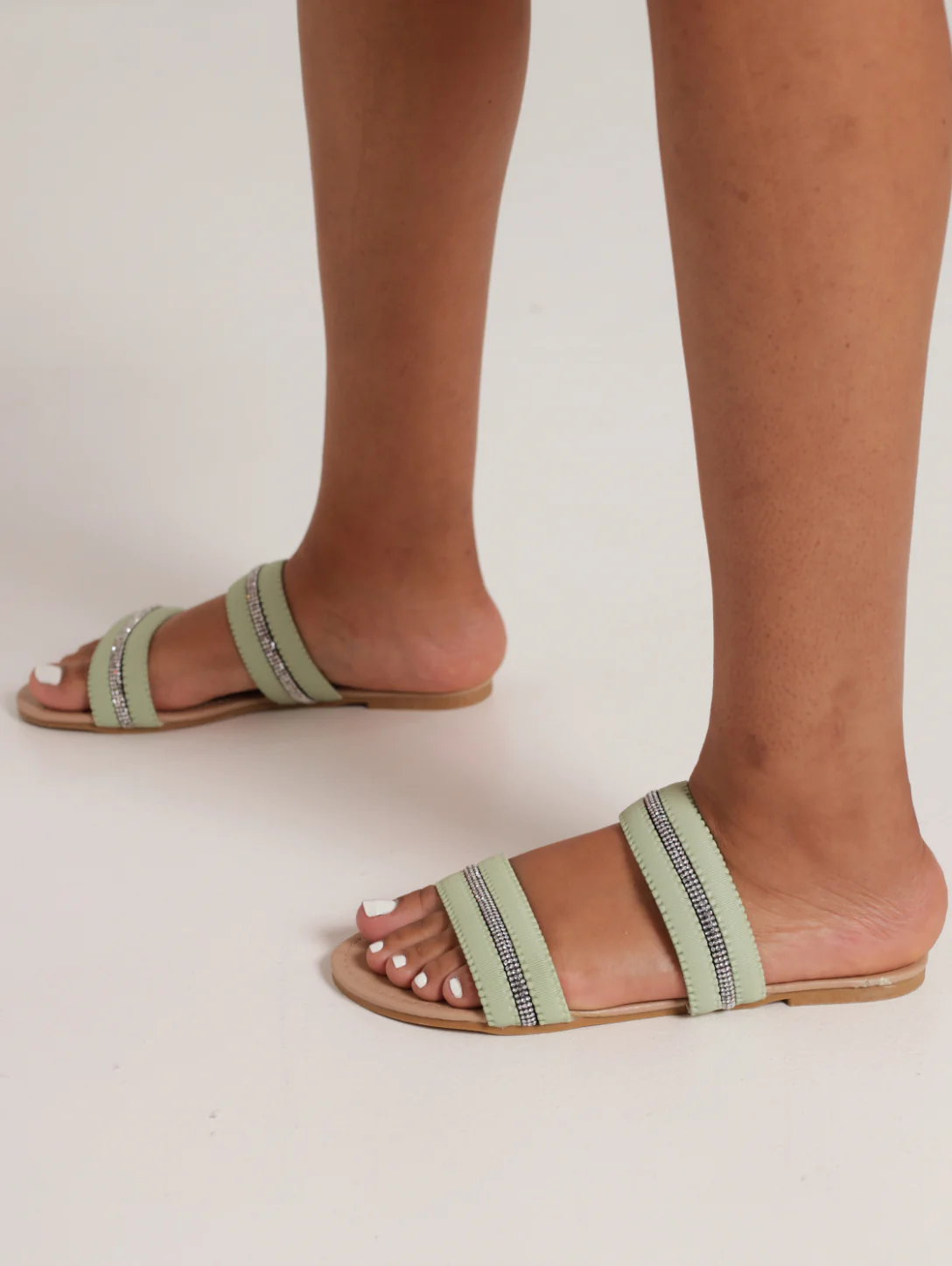 Double Strap Flat Pushin Sandal With Diamante Tube Detail - Sage - Image 2