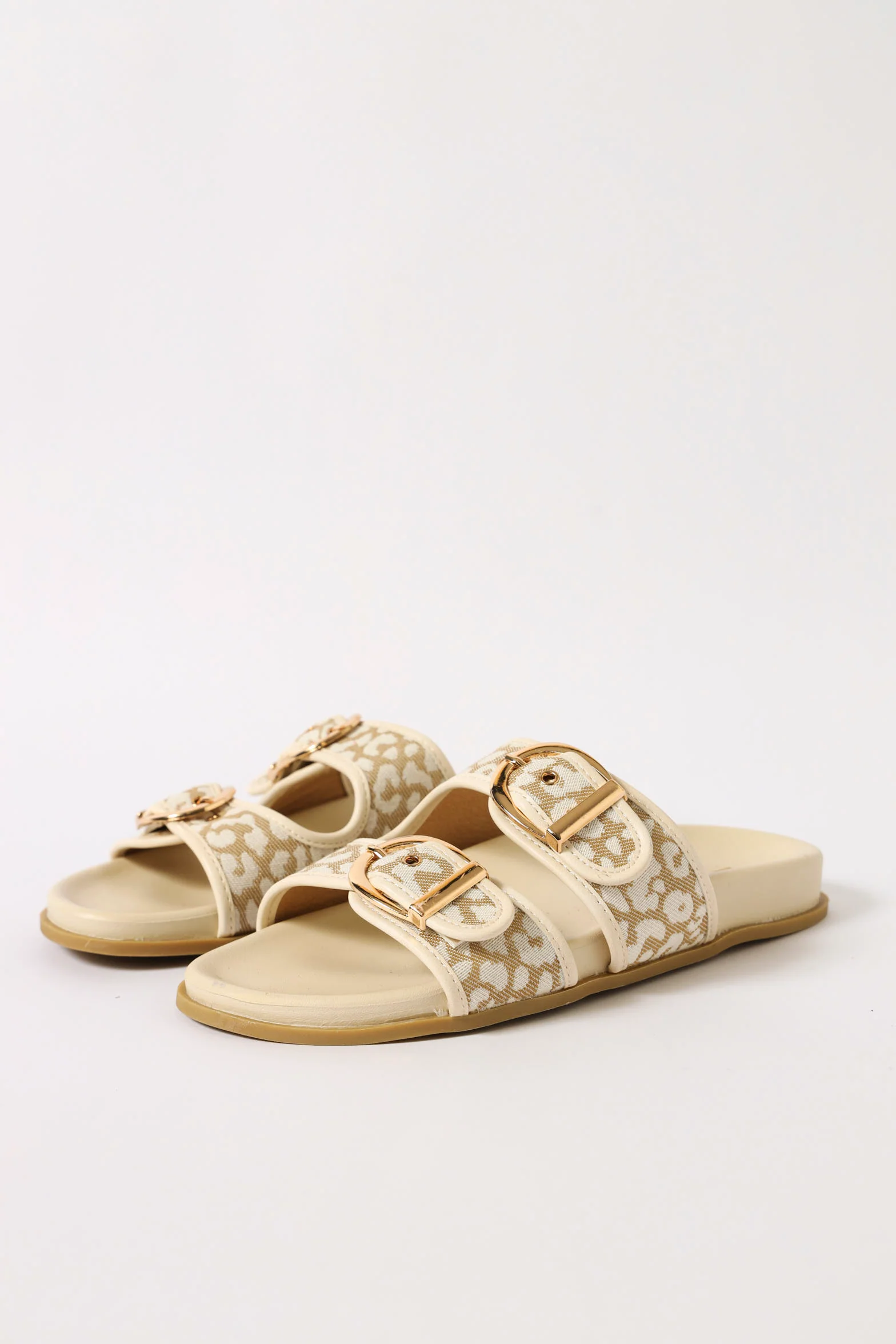 Double Strap Weave Canvas Leopard Print Sandal - Natural