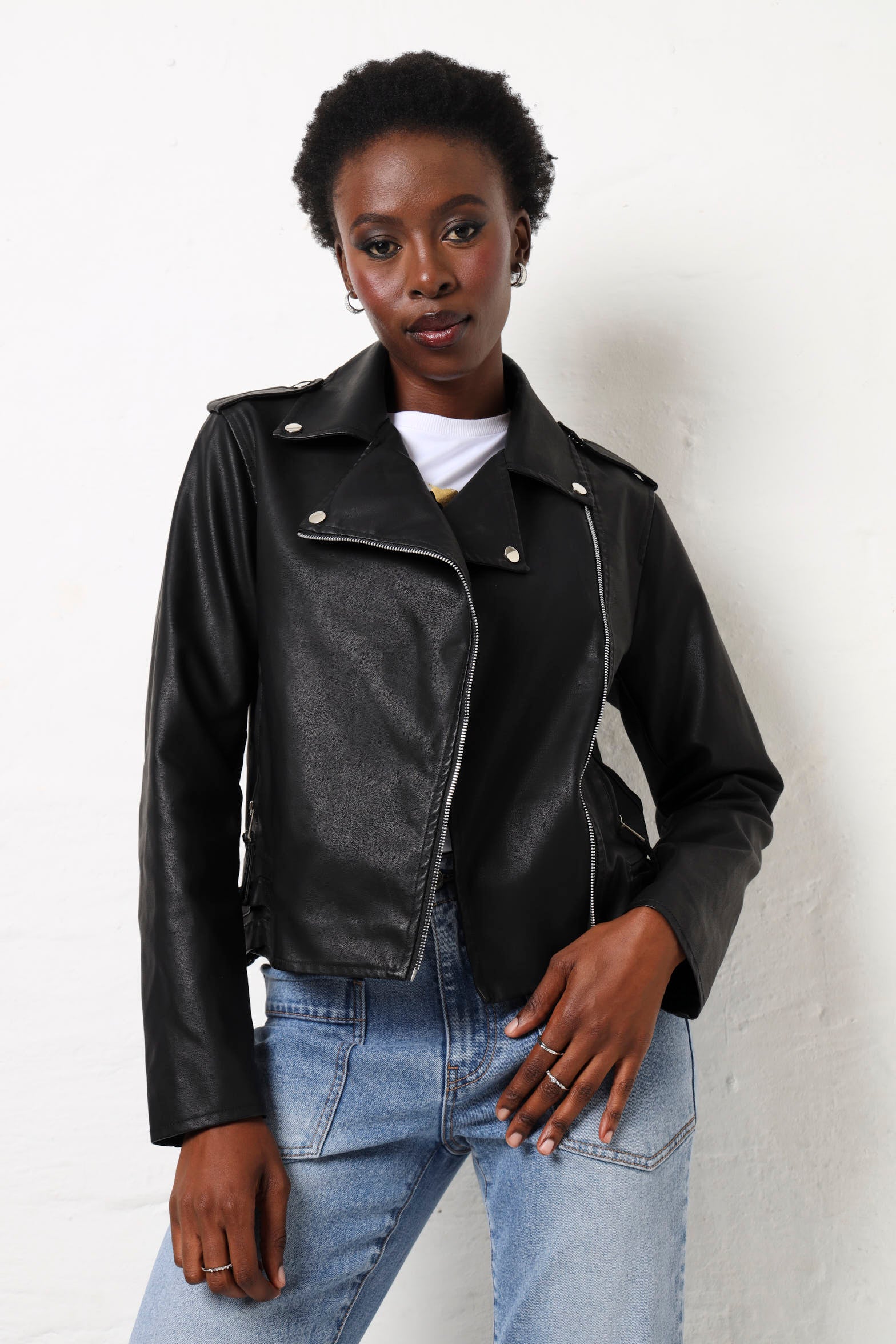 Double Tab Detail Pu Biker Jacket - Black