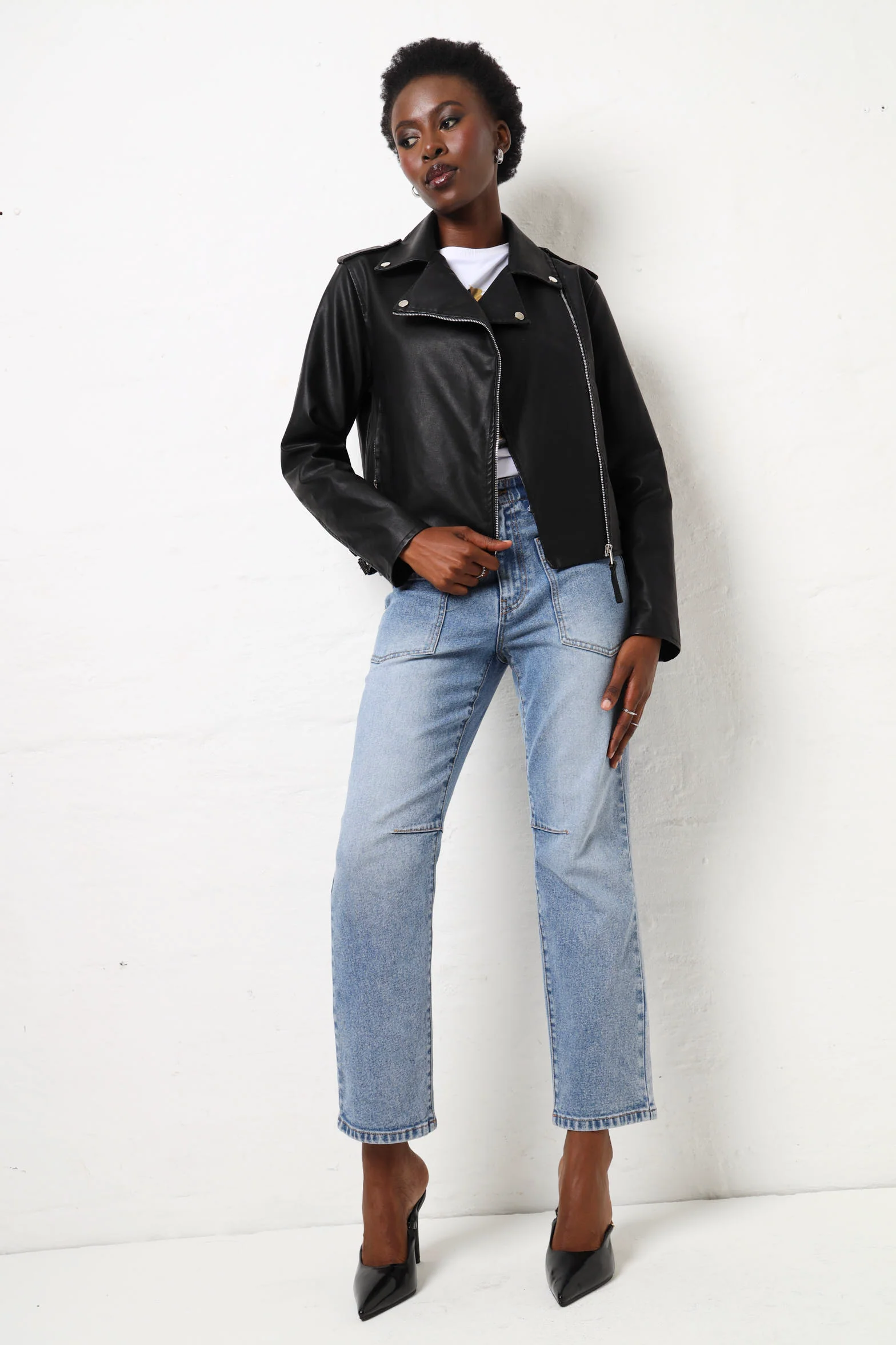 Double Tab Detail Pu Biker Jacket - Black - Image 2