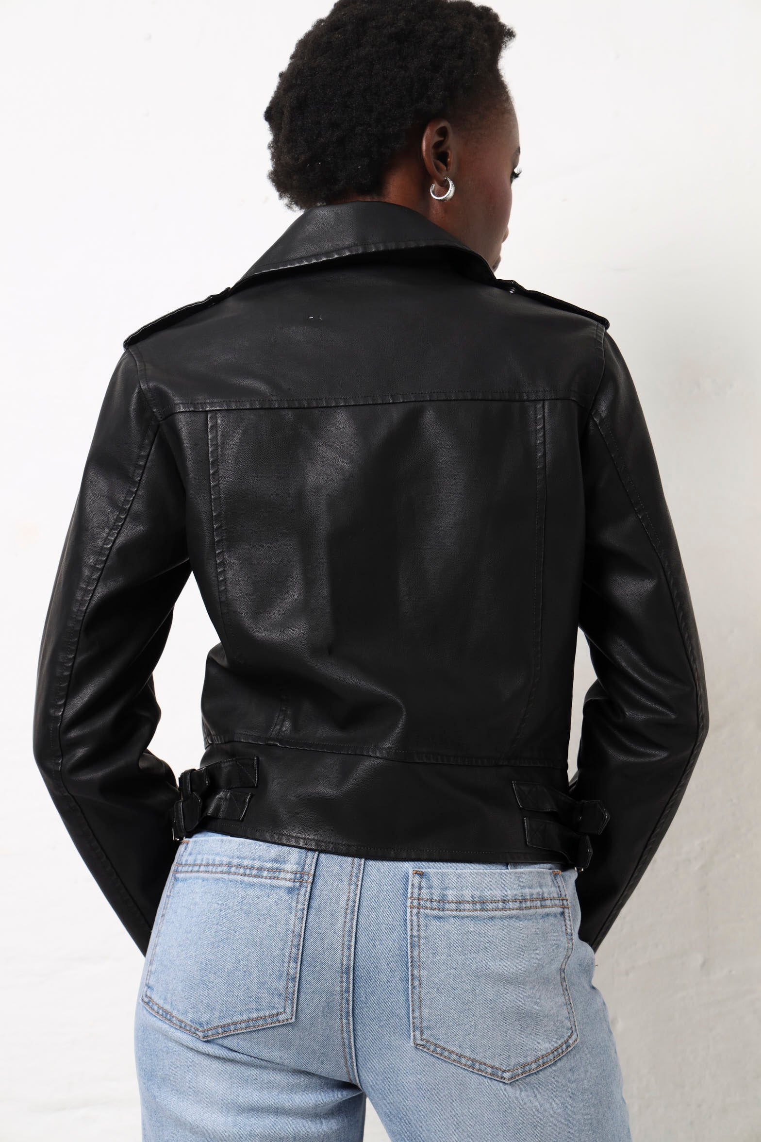 Double Tab Detail Pu Biker Jacket - Black - Image 4